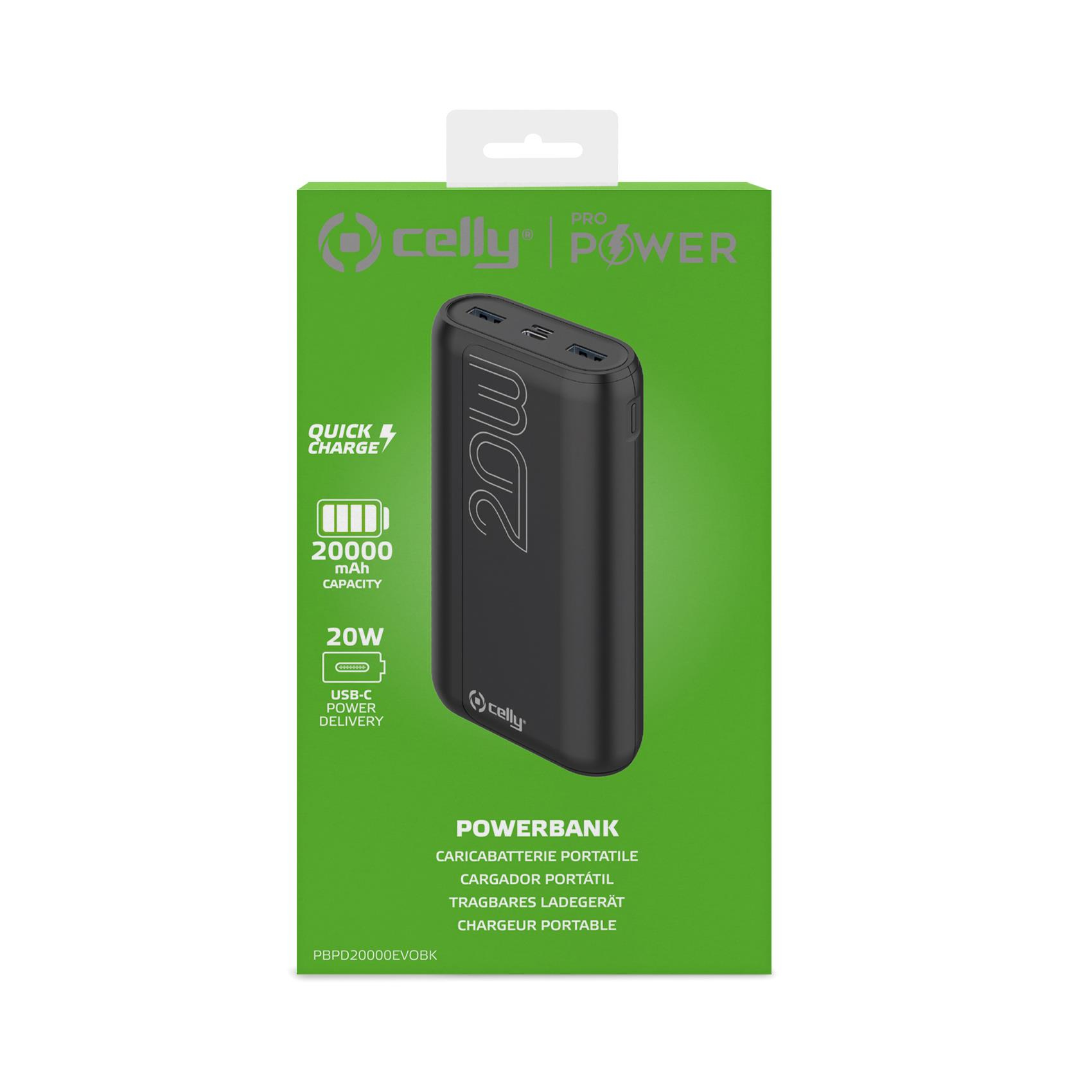 Una scatola verde con un power bank nero, la scatola riporta il marchio e le specifiche del power bank.