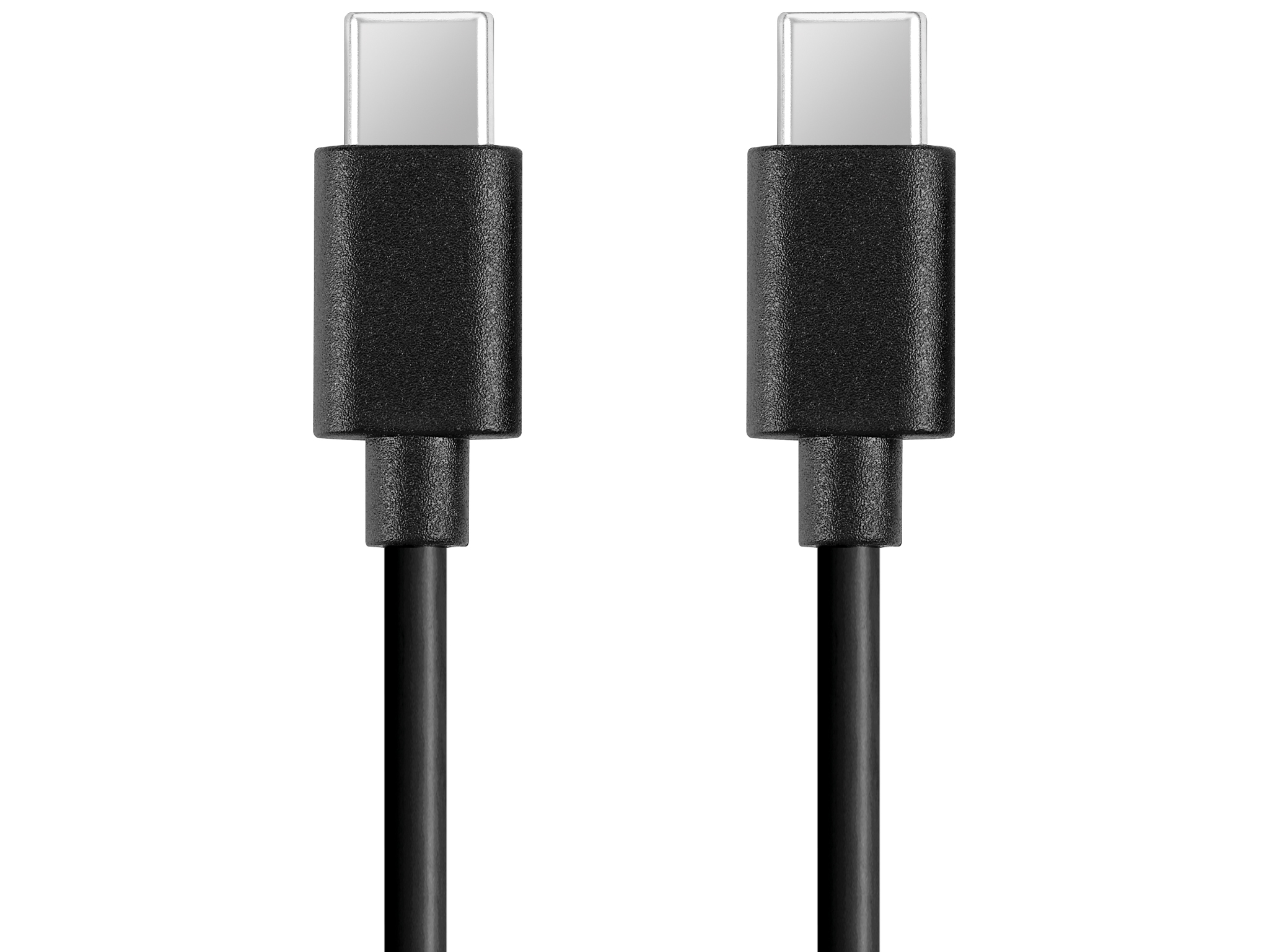 Twee zwarte USB-C-kabels, witte connectoren, op een witte achtergrond. Kabels gecentreerd, met een solide, strakke stijl.