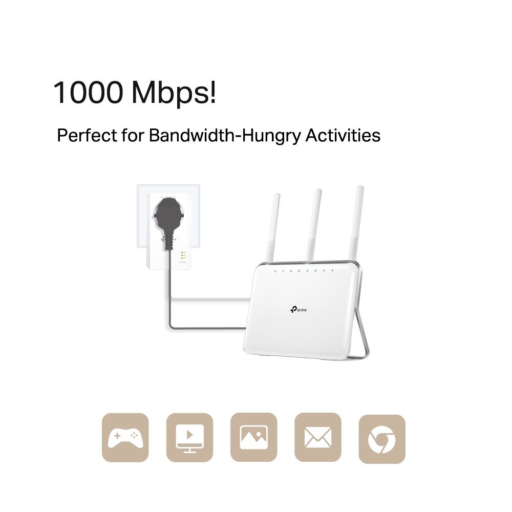 Witte TP-Link router met drie antennes en voedingsadapter. Tekst luidt '1000 Mbps!' en 'Perfect voor bandbreedte-intensieve activiteiten'.