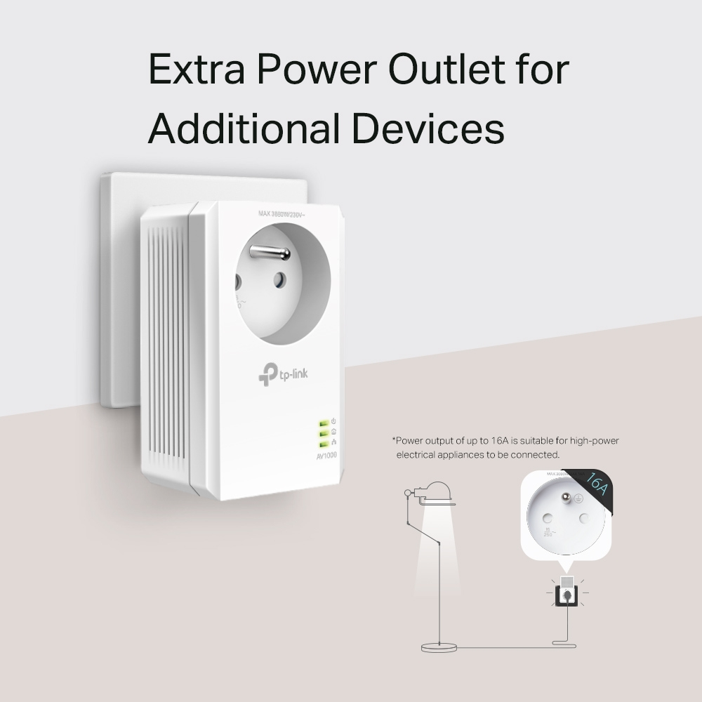 Een witte stopcontactverlenger met een Europese stekker. Het heeft het TP-Link-logo en indicatielampjes. Tekst: 'Extra Power Outlet'.