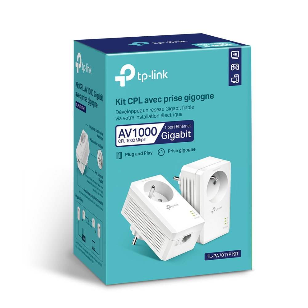 Een TP-Link-doos toont een CPL-kit, met twee witte adapters. Tekst omvat 'AV1000 Gigabit', 'Plug and Play' en 'Prise gigogne'.