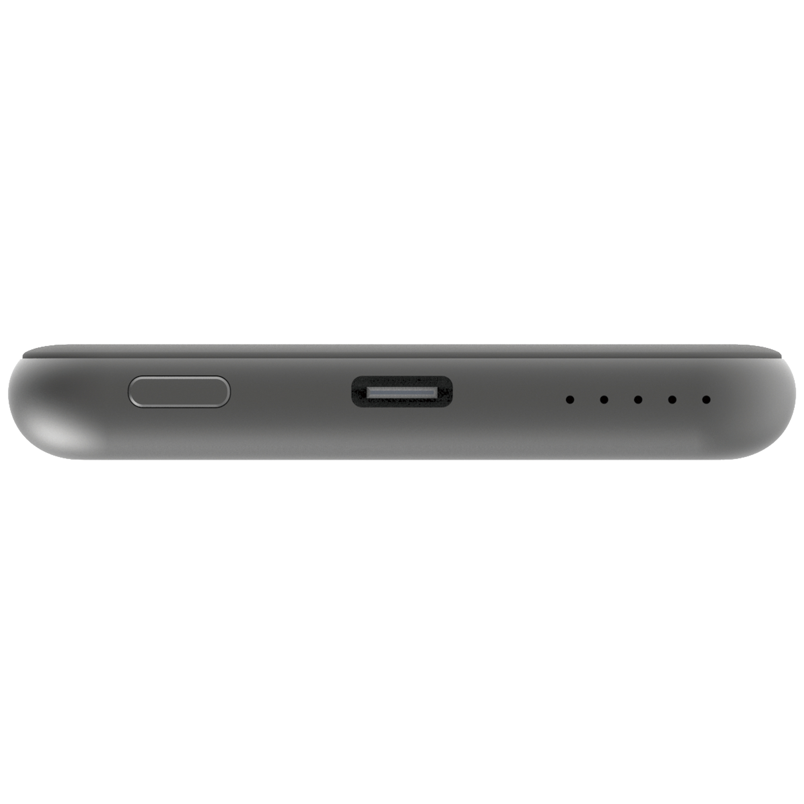 Close-up van de onderkant van een grijze smartphone. Het heeft een oplaadpoort, een knop en vier kleine gaatjes.