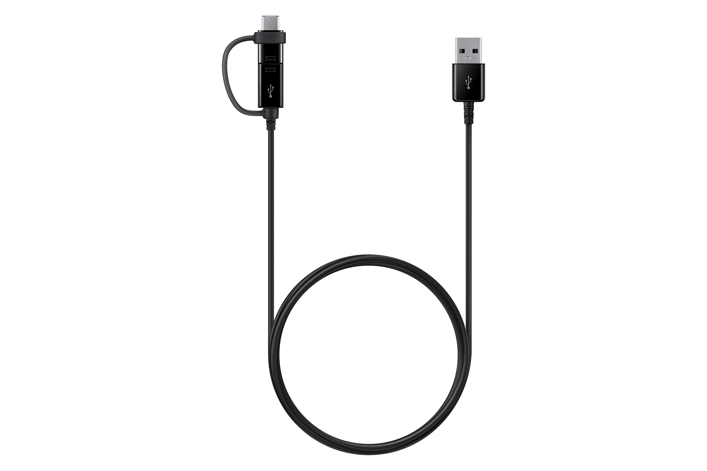 Cable de carga negro de USB-C a USB-A. Un extremo tiene un conector USB-C, el otro un conector USB-A. Fondo blanco.