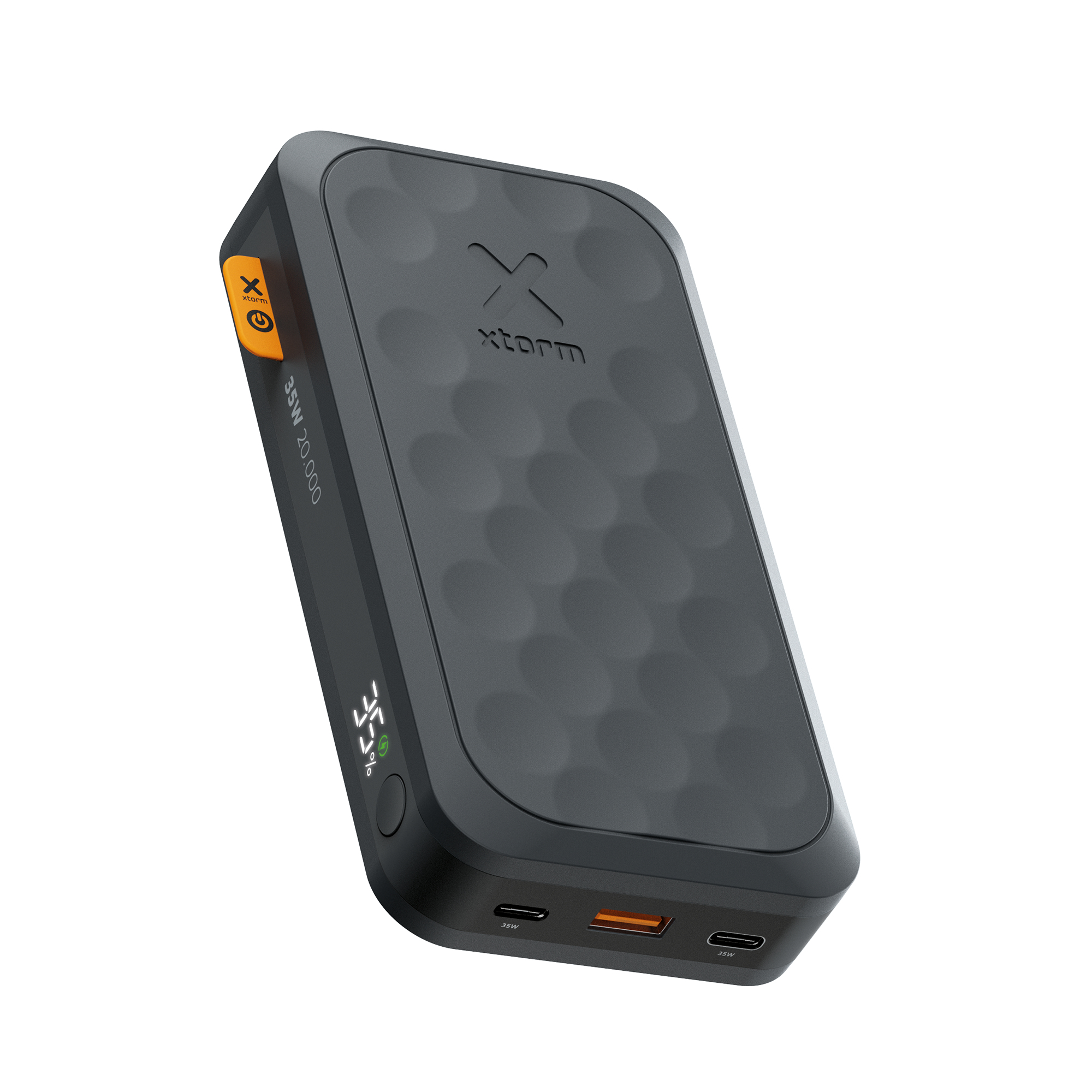 Une batterie externe gris foncé avec une surface texturée. Elle a des accents oranges et un écran affichant le pourcentage de batterie.