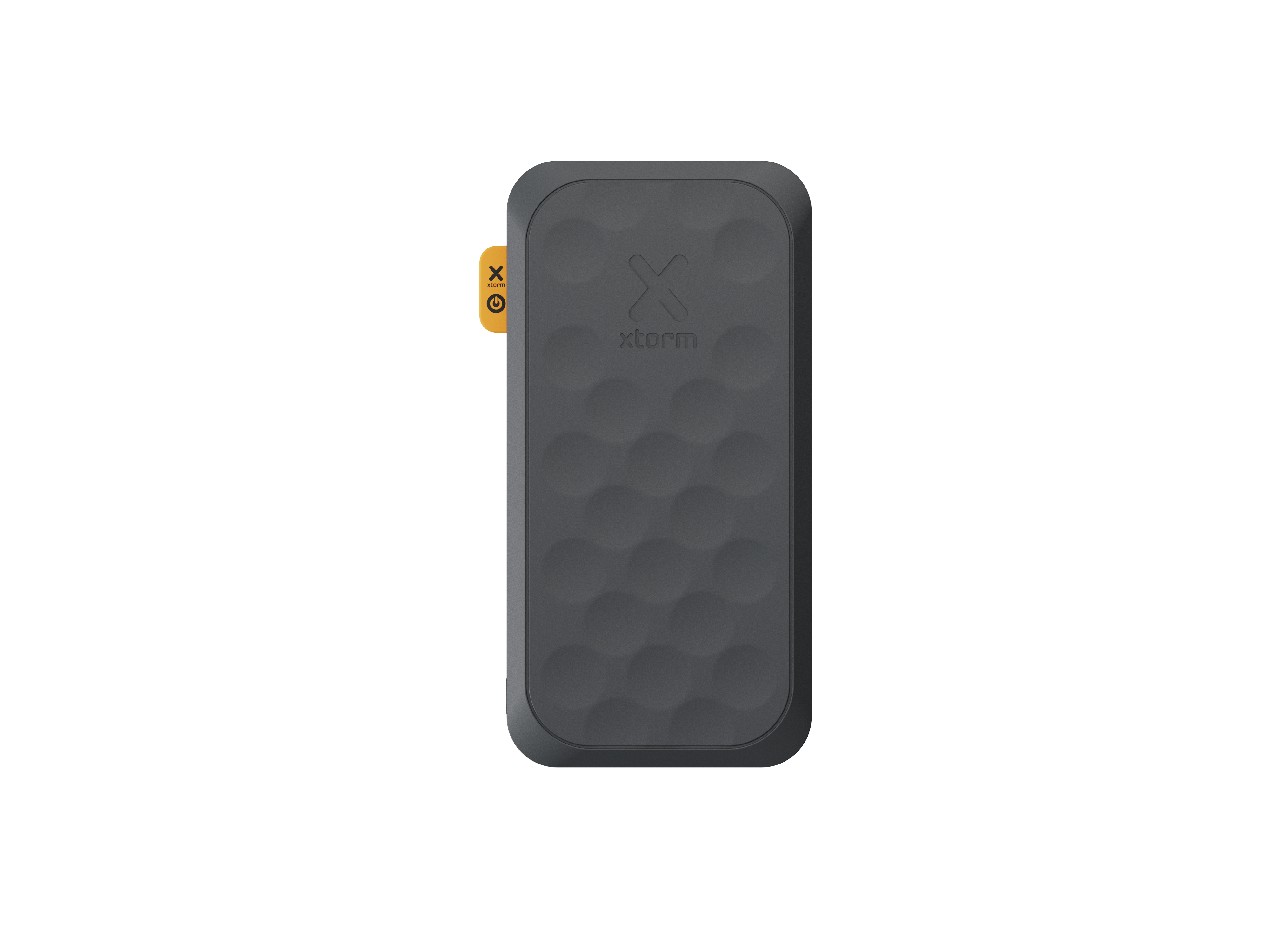 Batterie externe rectangulaire gris foncé avec surface texturée, languette jaune et logo X-Storm.