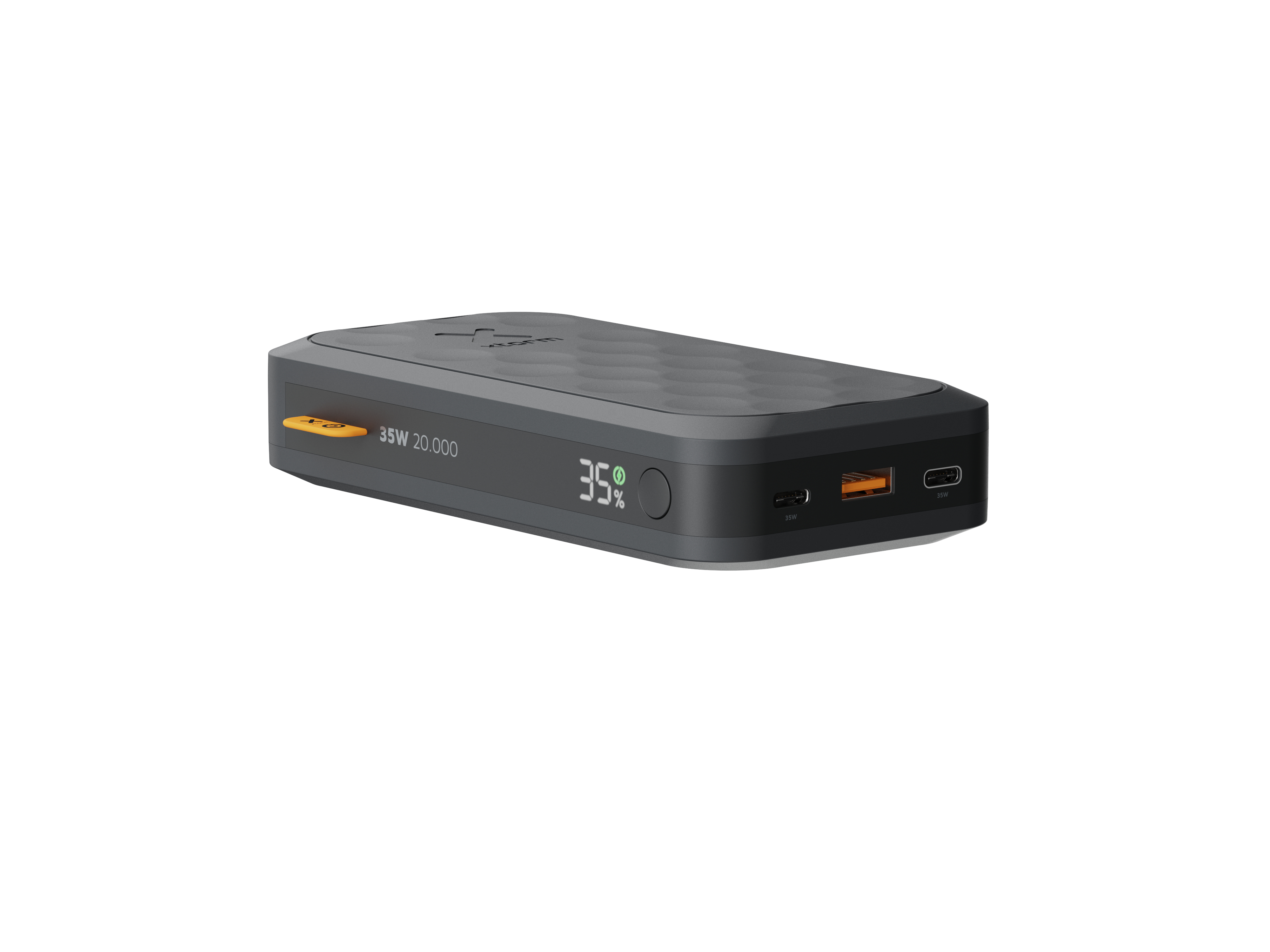 Une batterie externe gris foncé avec ports de charge. Elle a un affichage numérique indiquant 35 %. Le texte sur le côté indique 35W 20.000.