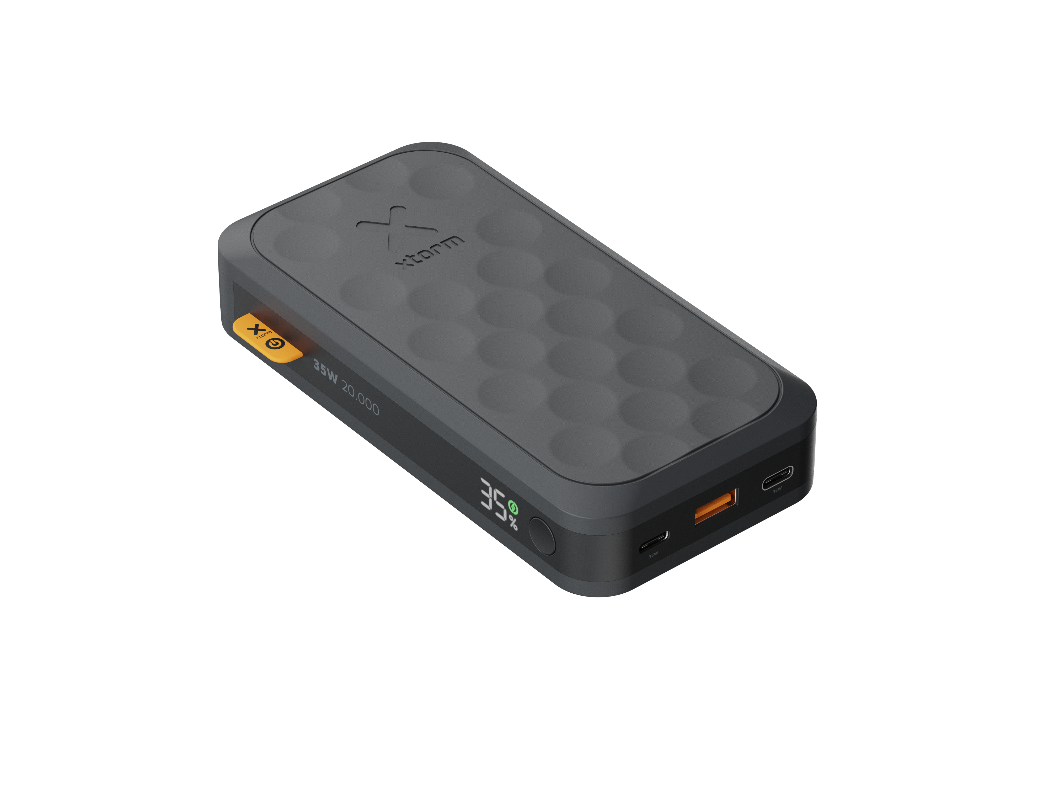 Une batterie externe gris foncé avec un dessus texturé. Il possède un écran affichant 35 %. Il a un bouton jaune.