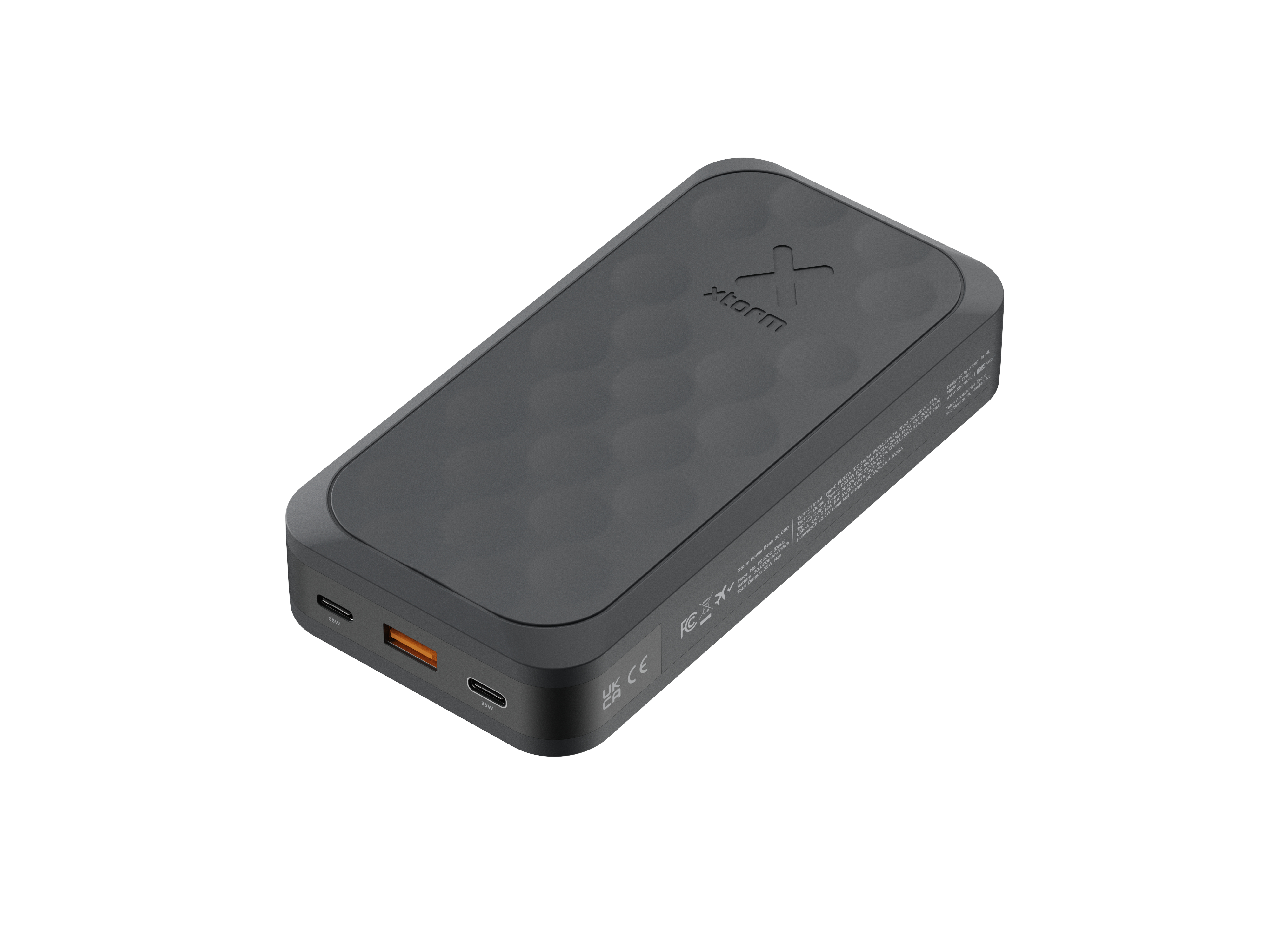 Une batterie externe gris foncé avec le logo 'xtorm', plusieurs ports et une surface supérieure texturée sur fond blanc.