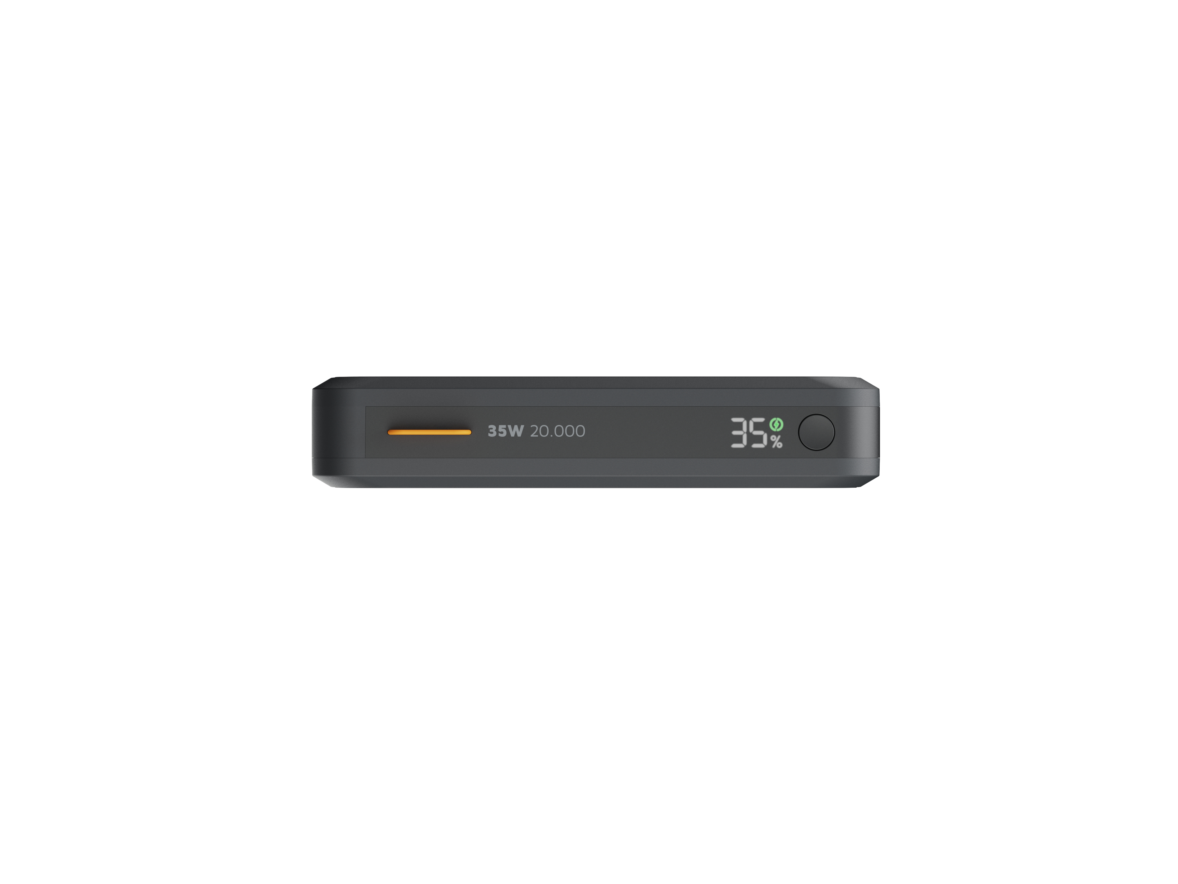 Une batterie externe gris foncé avec 35W 20.000 imprimés. Elle affiche 35 % de batterie et un bouton d'alimentation.