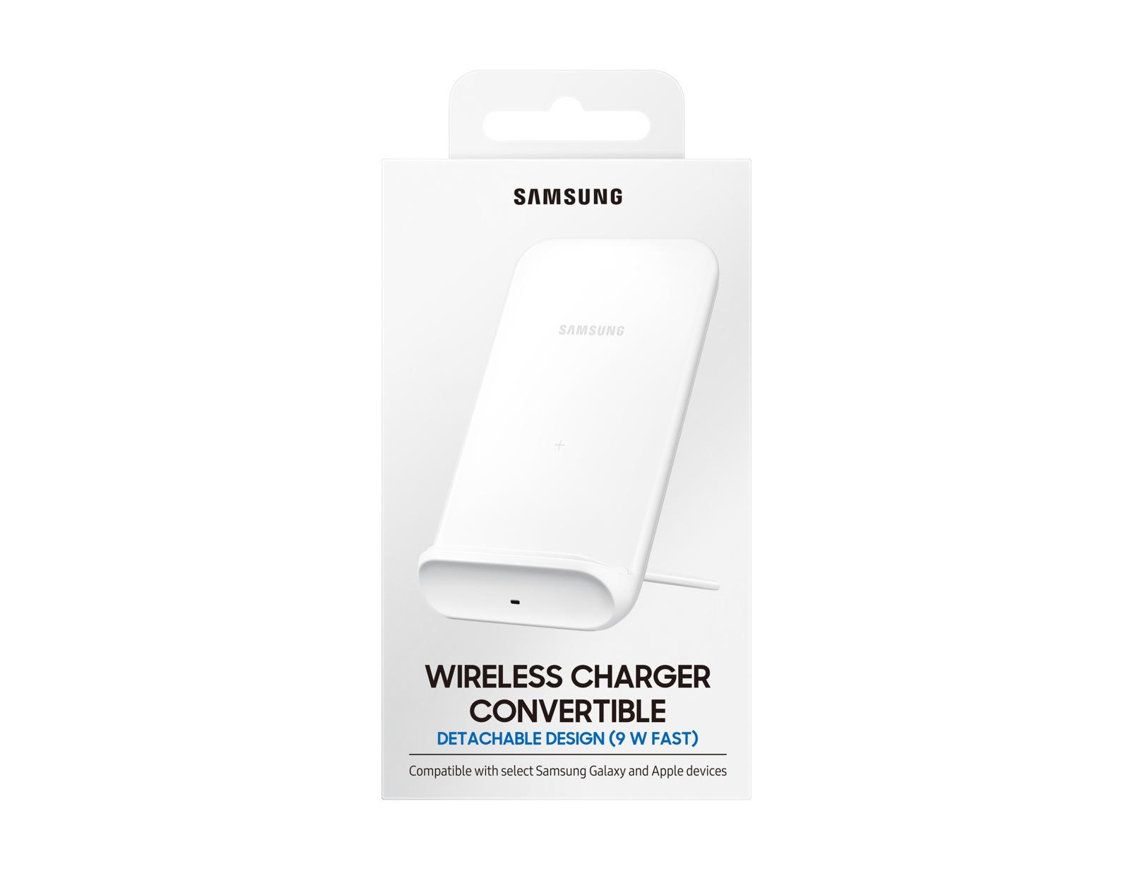 Cargador inalámbrico Samsung blanco en caja blanca. Texto: Wireless Charger Convertible. Diseño desmontable.