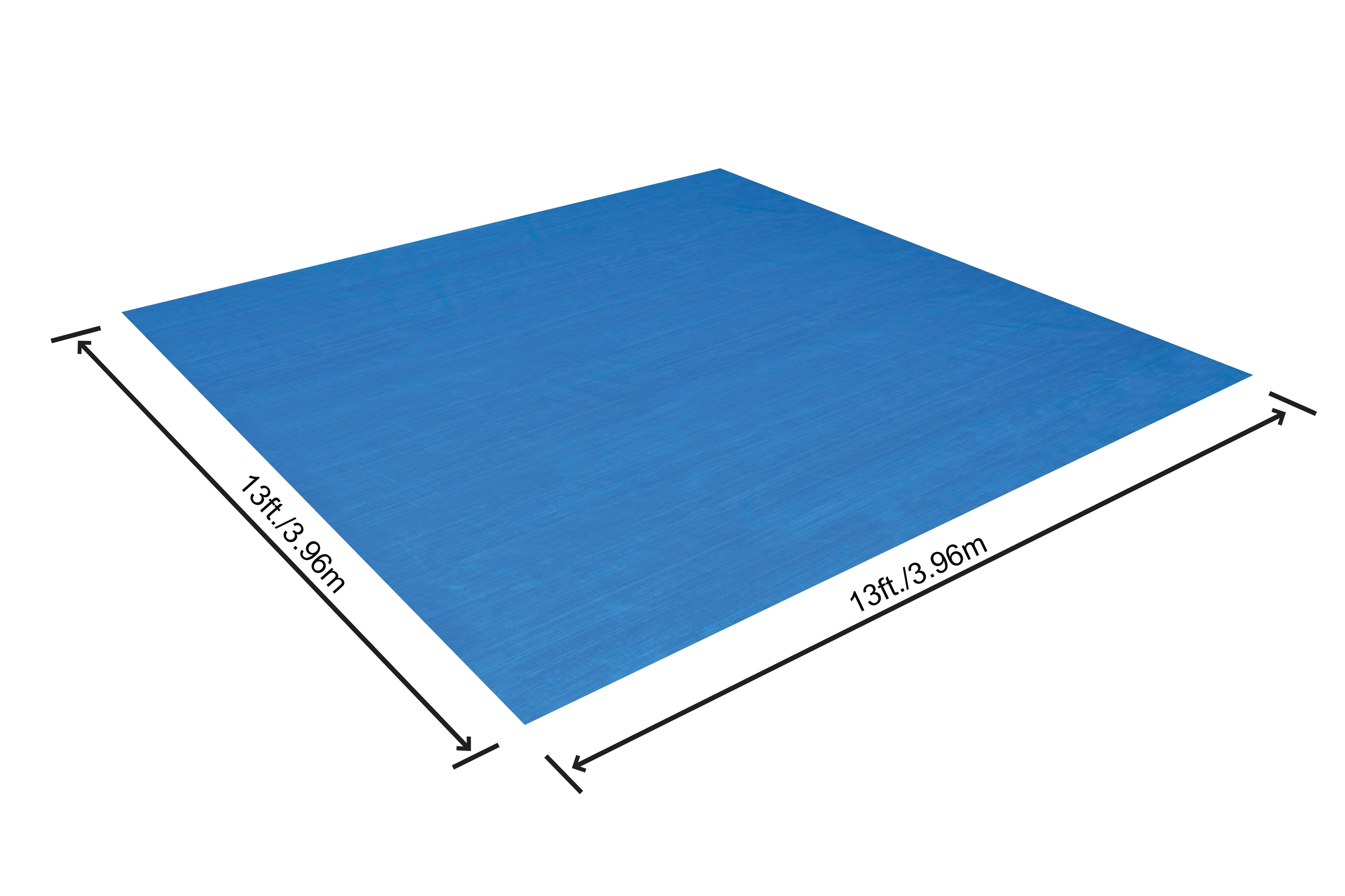 Eine blaue rechteckige Plane, Abmessungen mit 13 Fuß/3,96 m beschriftet. Weißer Hintergrund, Schrägansicht.