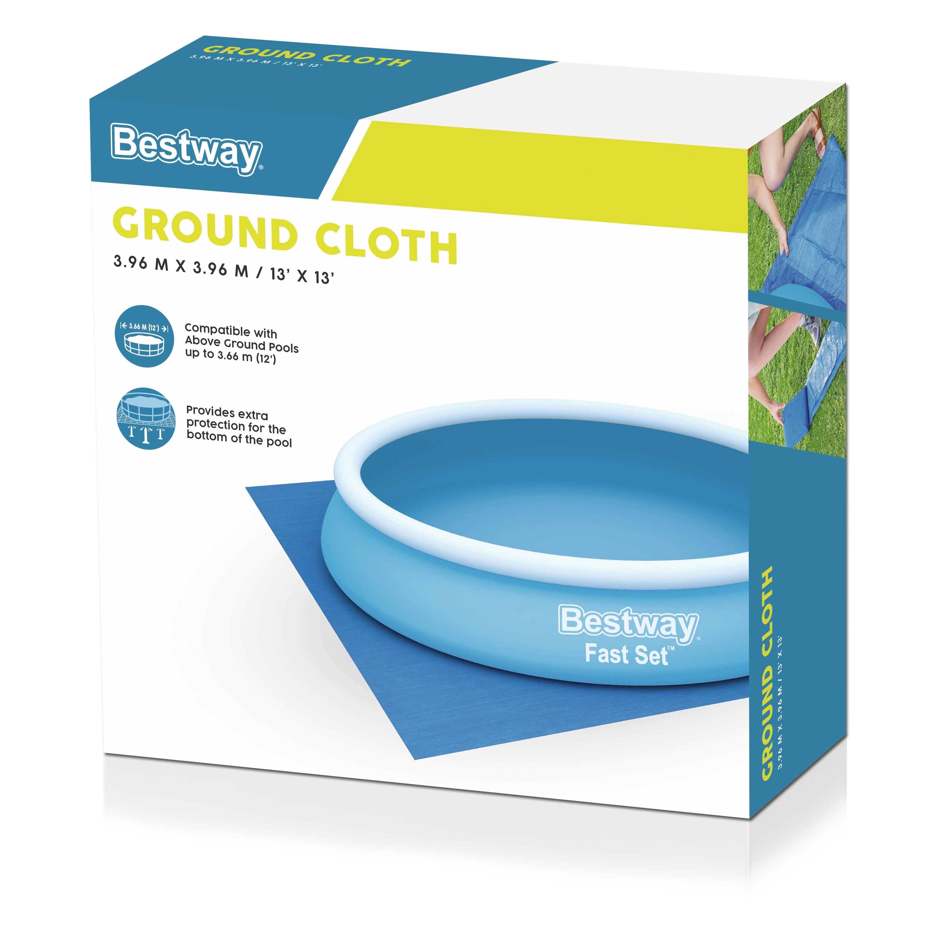 Die Box zeigt ein blaues Schwimmbecken und ein Bodentuch. Text sagt 'Ground Cloth' und 'Bestway'.