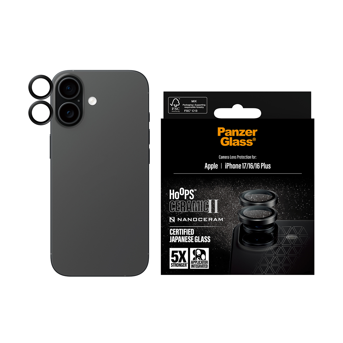A smartphone with camera lens protectors, and a box of Panzer Glass. The box mentions 'Hoops Ceramic' and 'Japanese Glass'.