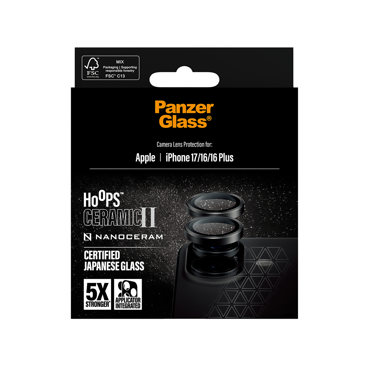 Black Panzer Glass box. Text: Camera lens protection for Apple iPhone. Product shows two lens protectors and the phone's camera area.