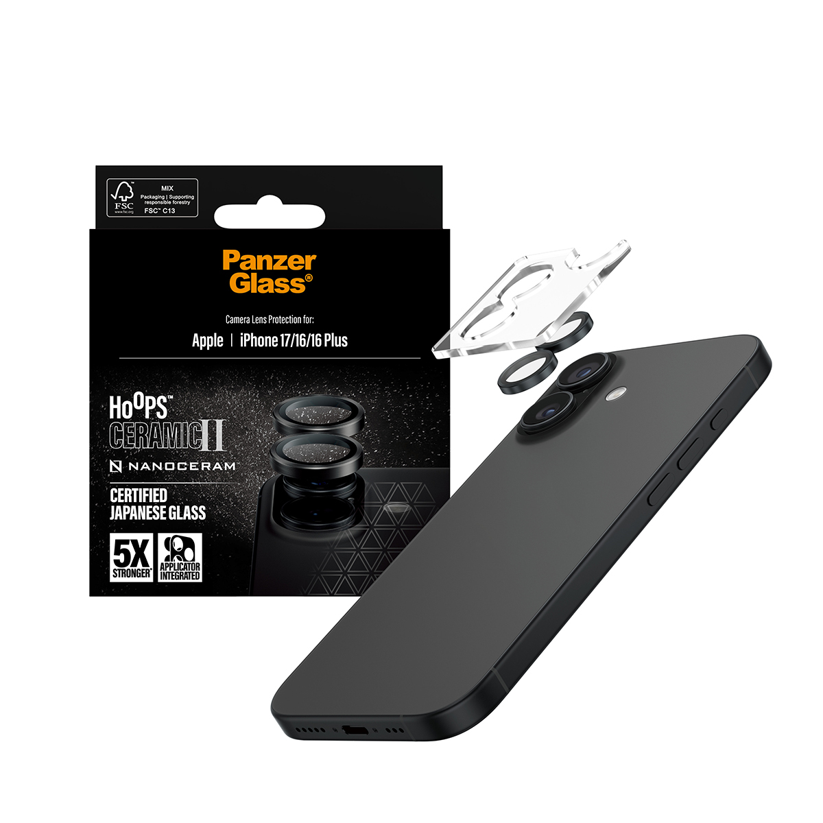 Black iPhone with camera lens protector. Packaging on the left shows product details. White background.