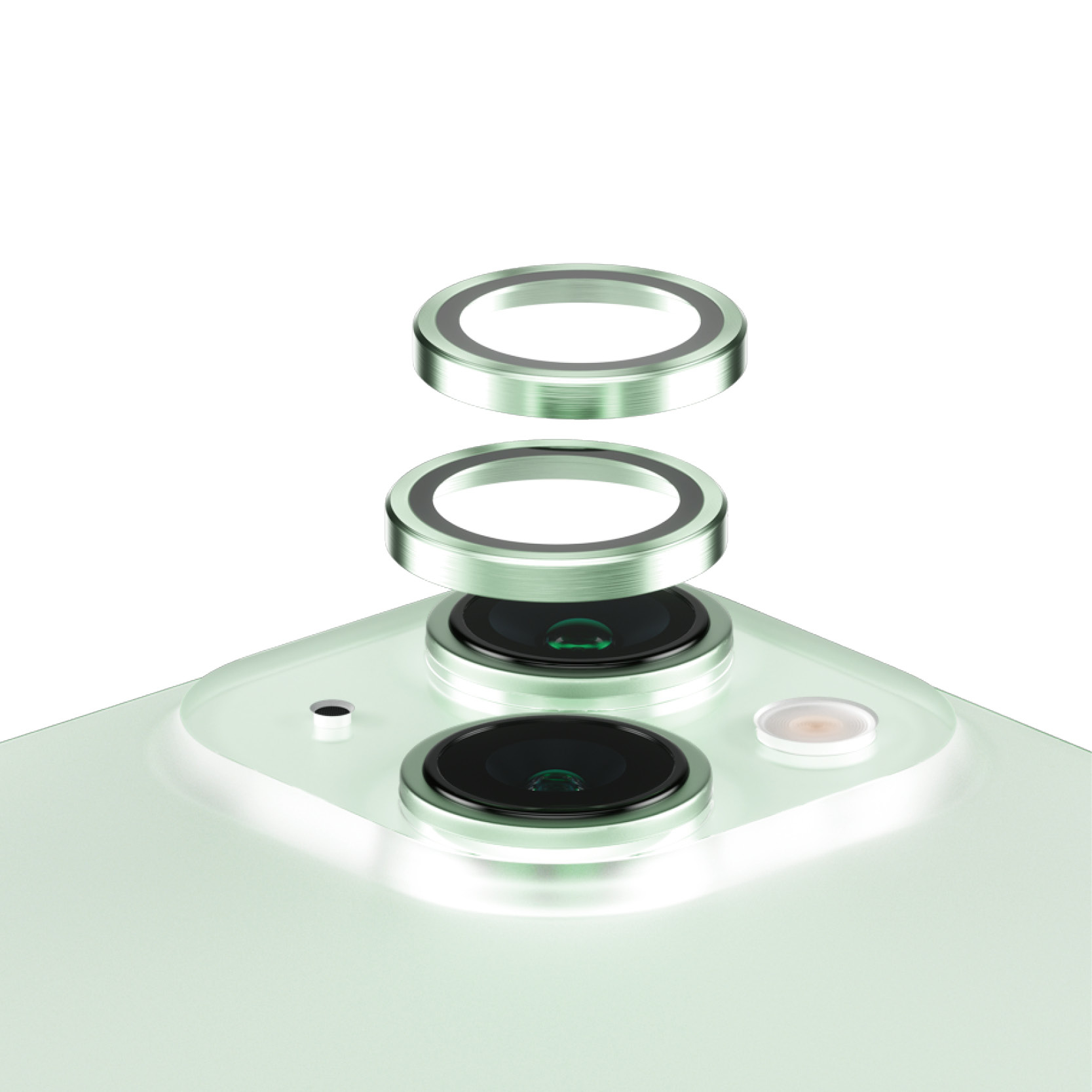 Telefooncamera met twee lenzen en twee groene ringen erboven. De telefoon is lichtgroen. Witte achtergrond.
