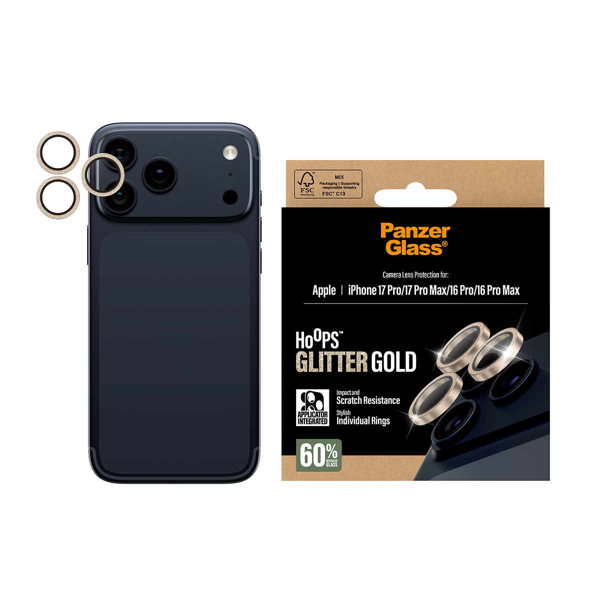 Altın lens koruyucularına ve Panzer Glass ambalajına sahip bir iPhone. Ambalaj üzerinde 'HOOPS GLITTER GOLD' ve '60% cam' yazıyor.