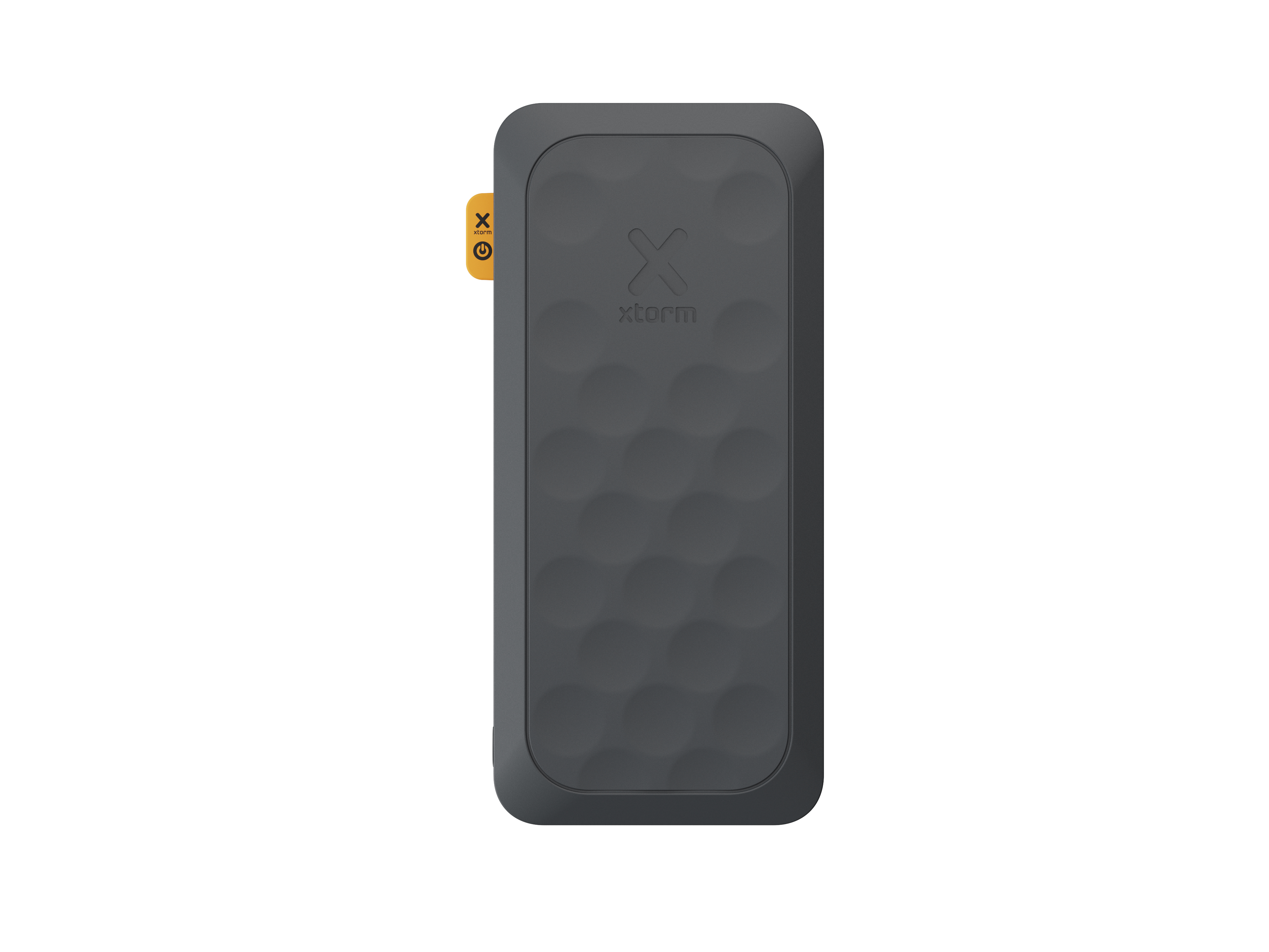 Batterie externe rectangulaire gris foncé avec surface texturée, languette jaune et logo 'X'.
