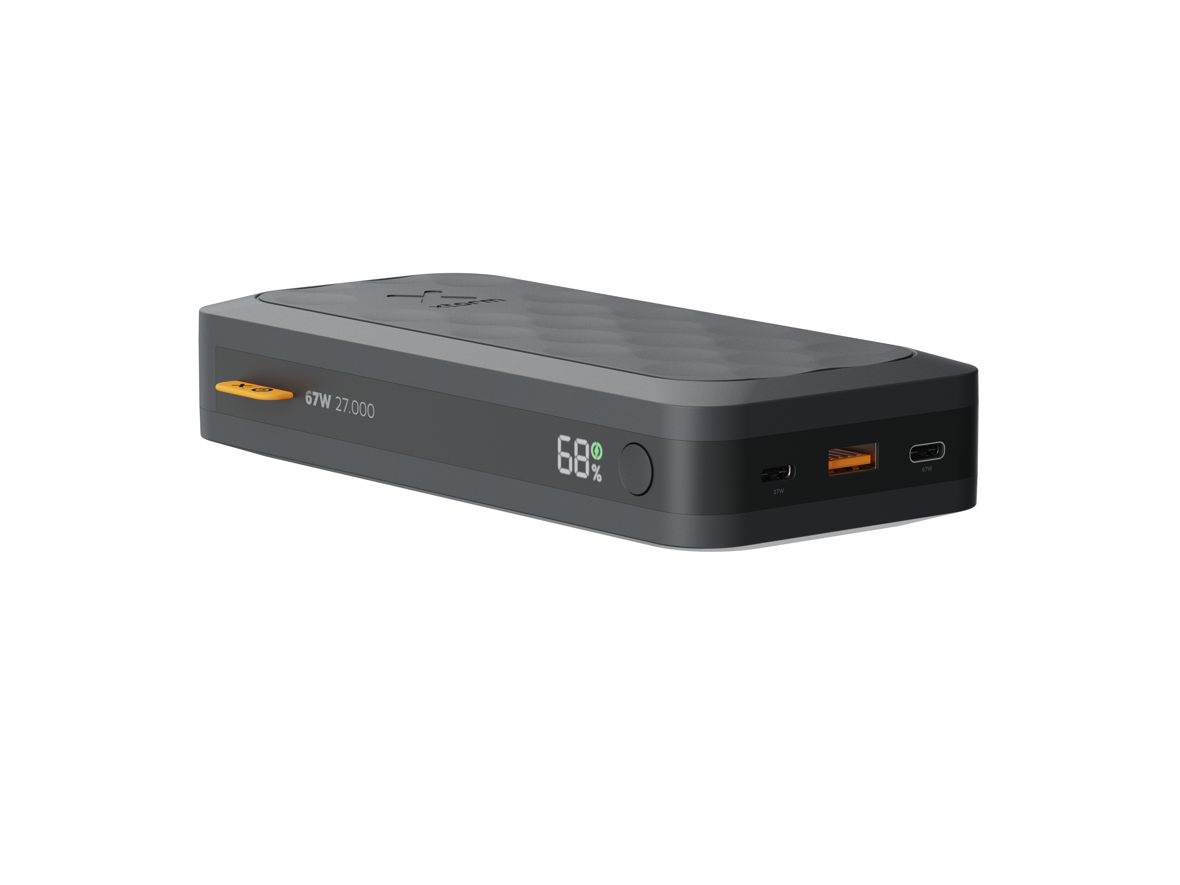 Une batterie externe gris foncé avec un port USB orange et un affichage numérique indiquant 68 % de batterie.