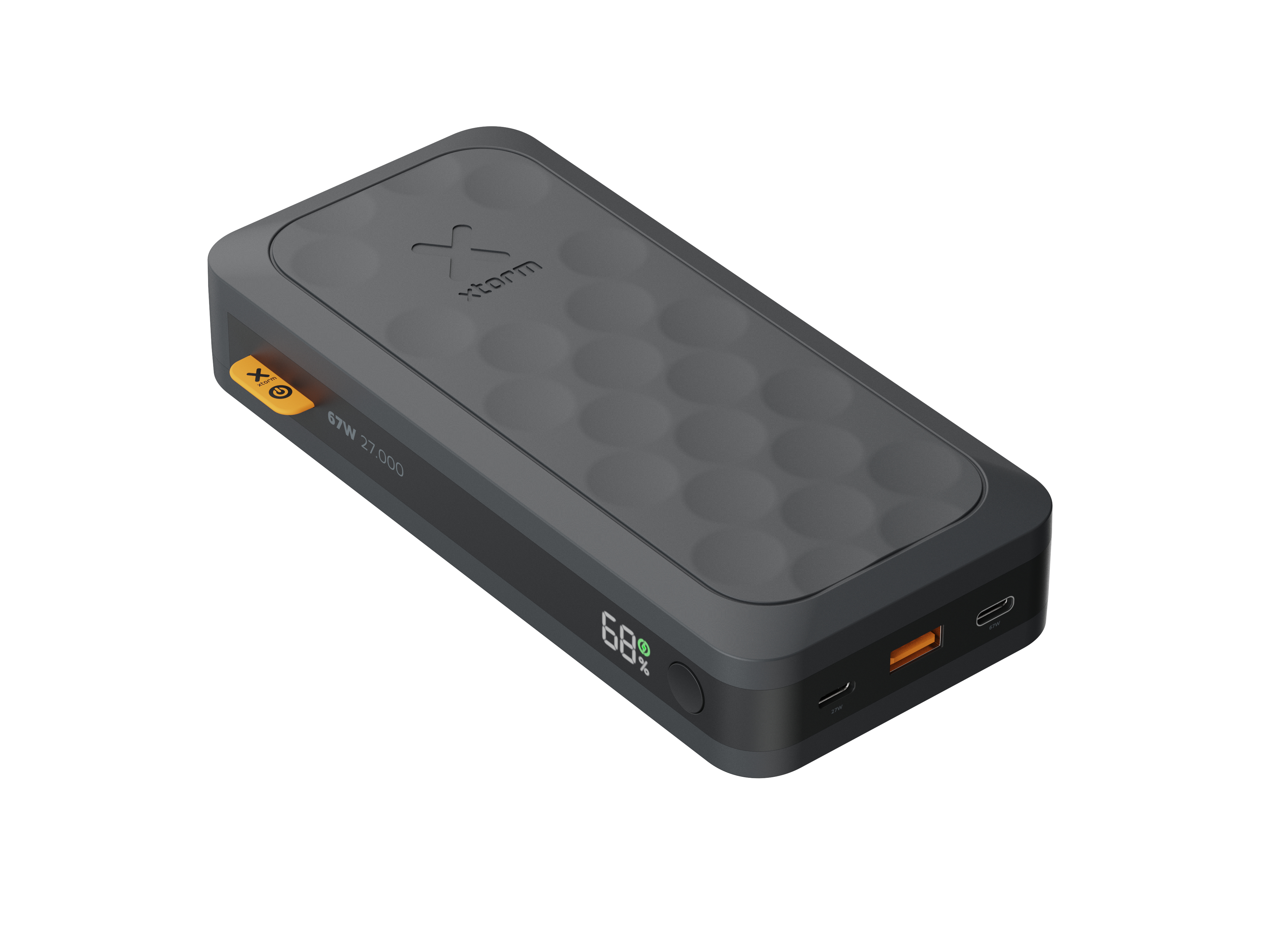 Une batterie externe rectangulaire gris foncé avec un dessus texturé et la marque 'xtorm'. Elle affiche 68% de charge.