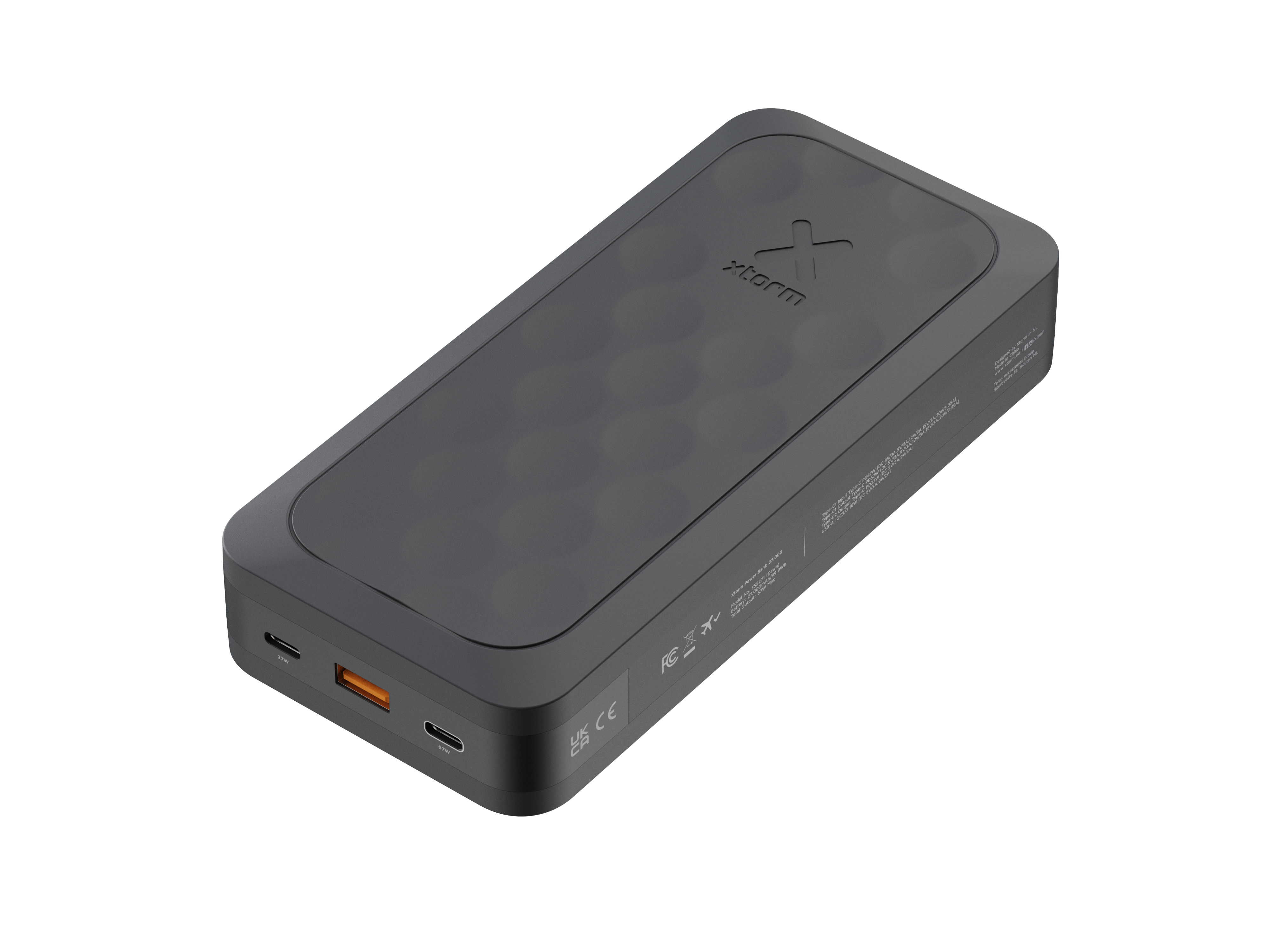 Une batterie externe rectangulaire gris foncé avec des ports, orange et gris. Le dessus a le logo.