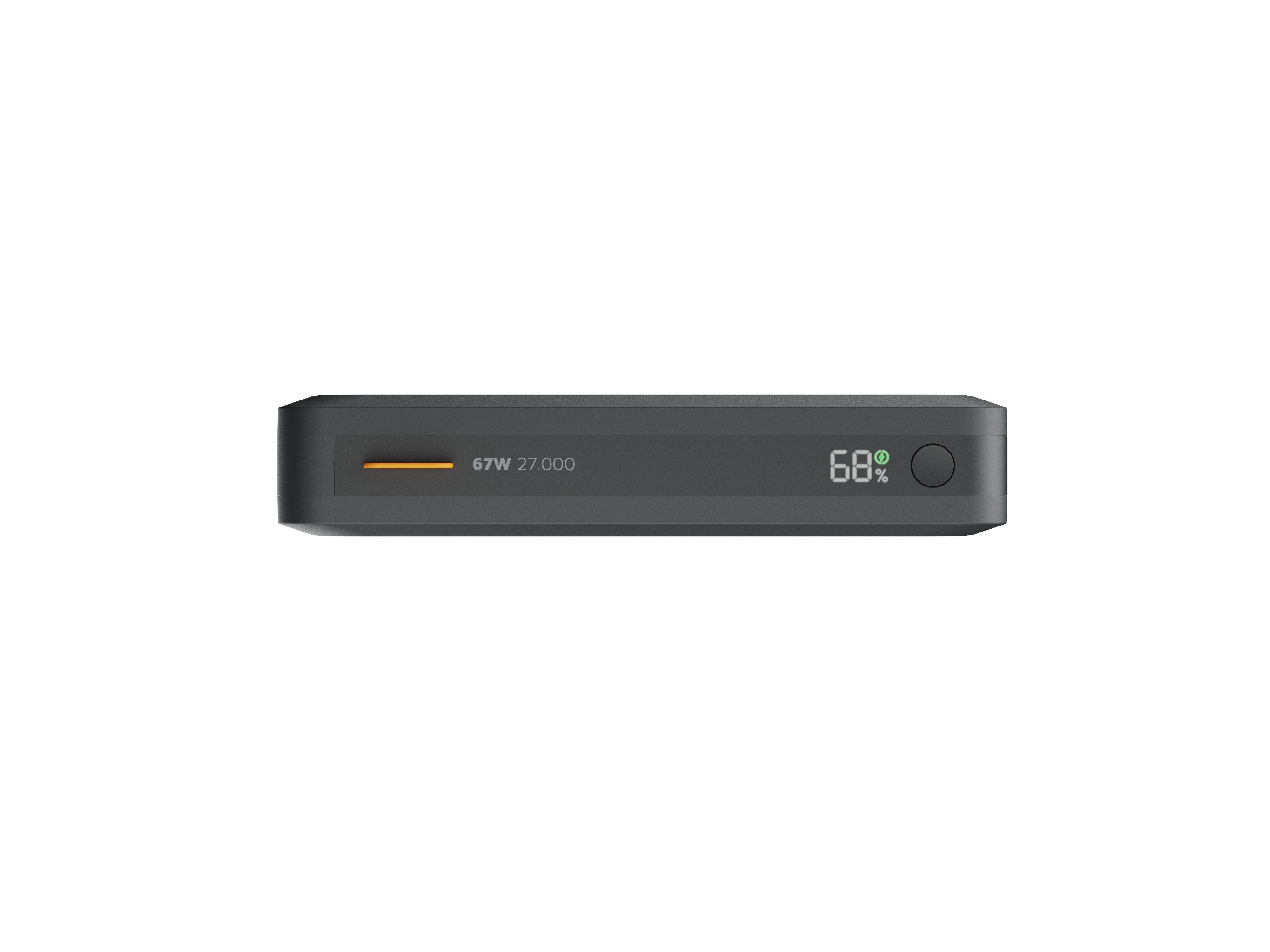 Une batterie externe gris foncé avec 68 % de batterie, 67W 27.000 et un bouton d'alimentation vert. Fond blanc.
