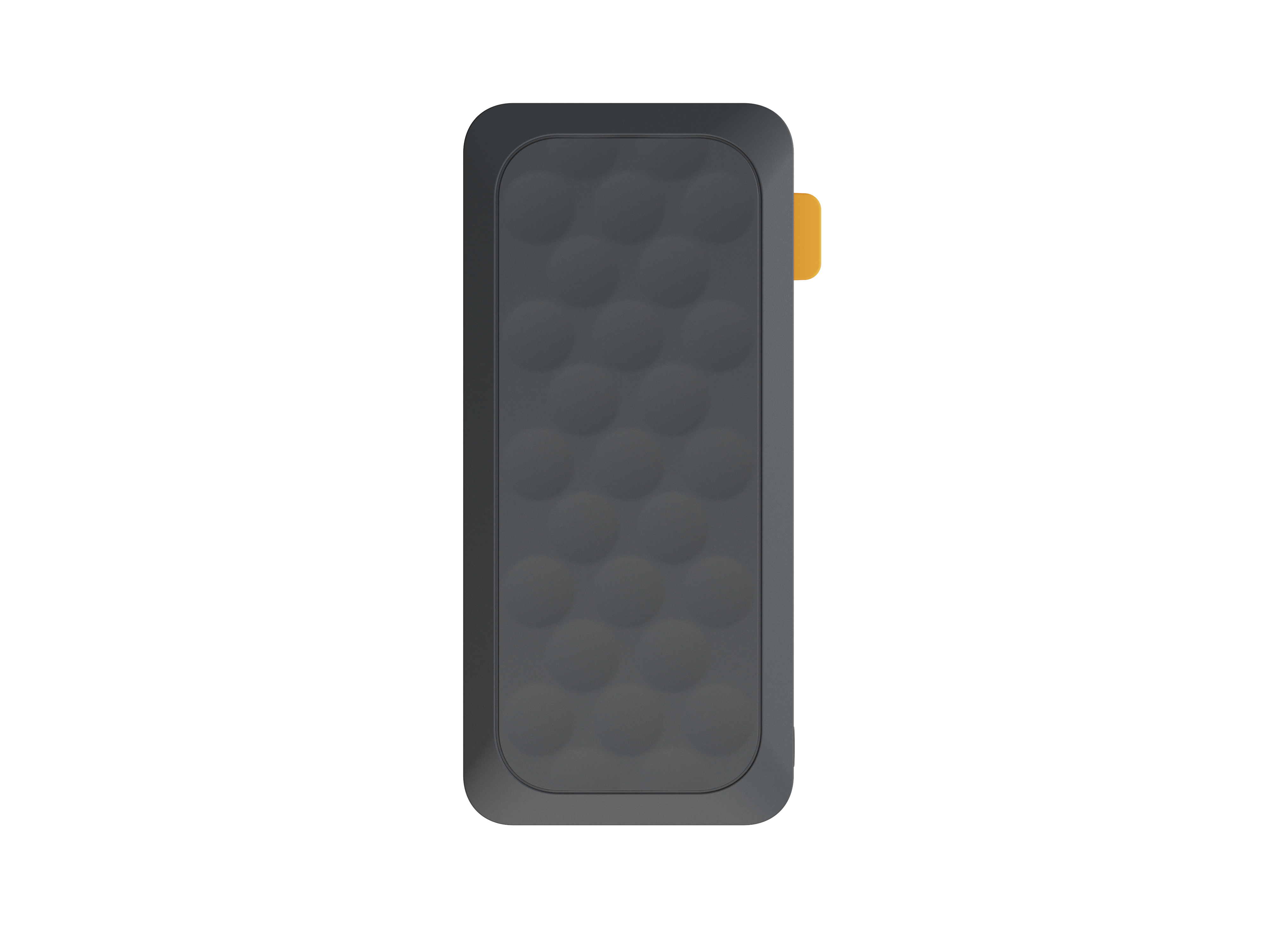 Un appareil rectangulaire gris foncé avec des coins arrondis et une surface texturée, avec une languette jaune.