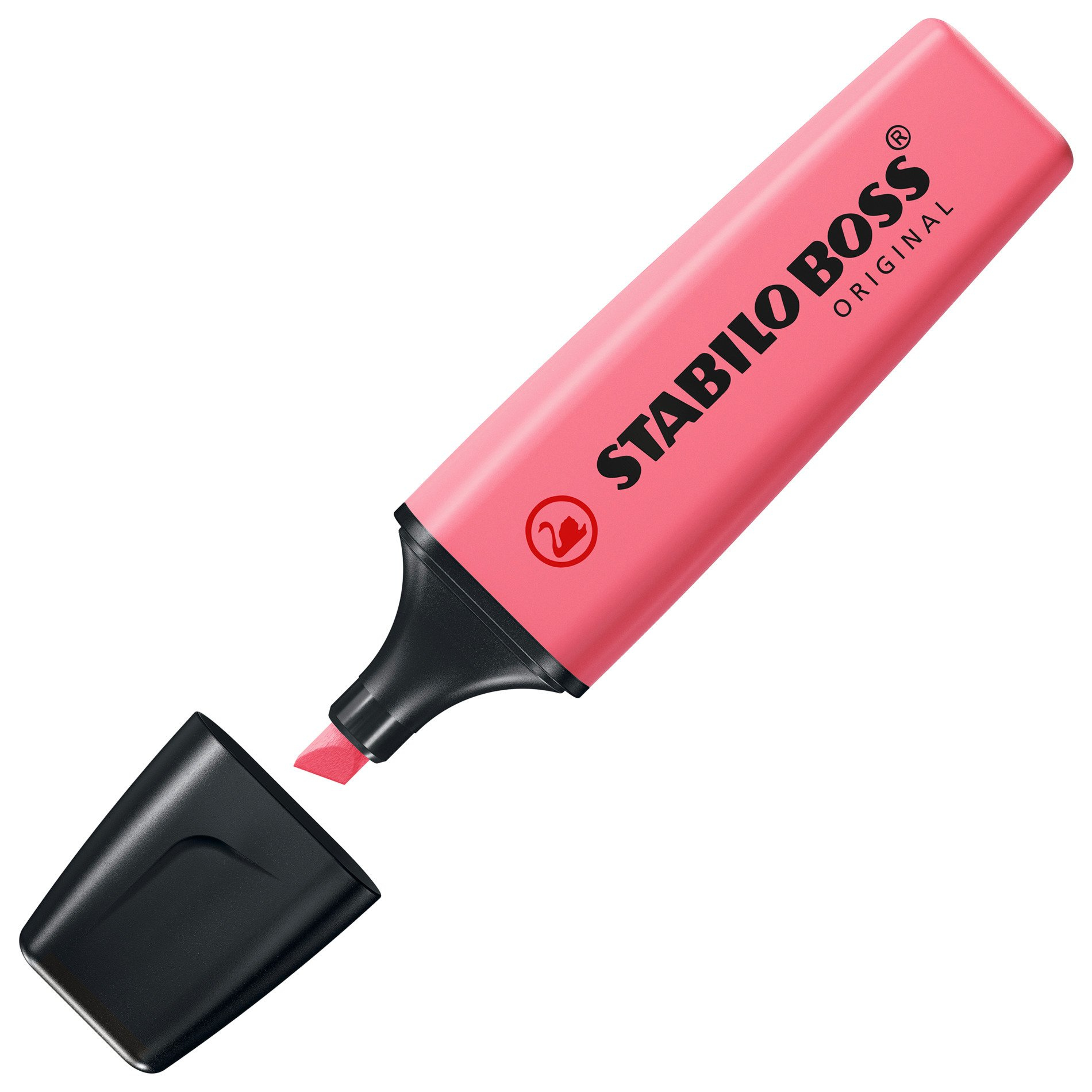 Ein pinkfarbener Textmarker mit schwarzer Kappe. Die Marke ist STABILO BOSS ORIGINAL.
