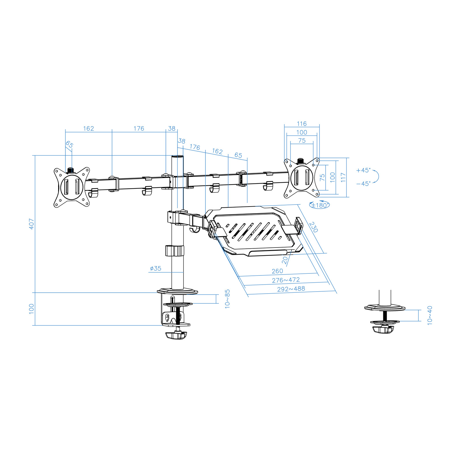 Technische Zeichnung einer Monitorhalterung mit Maßen. Es zeigt verschiedene Teile und Abmessungen in schematischer Form.