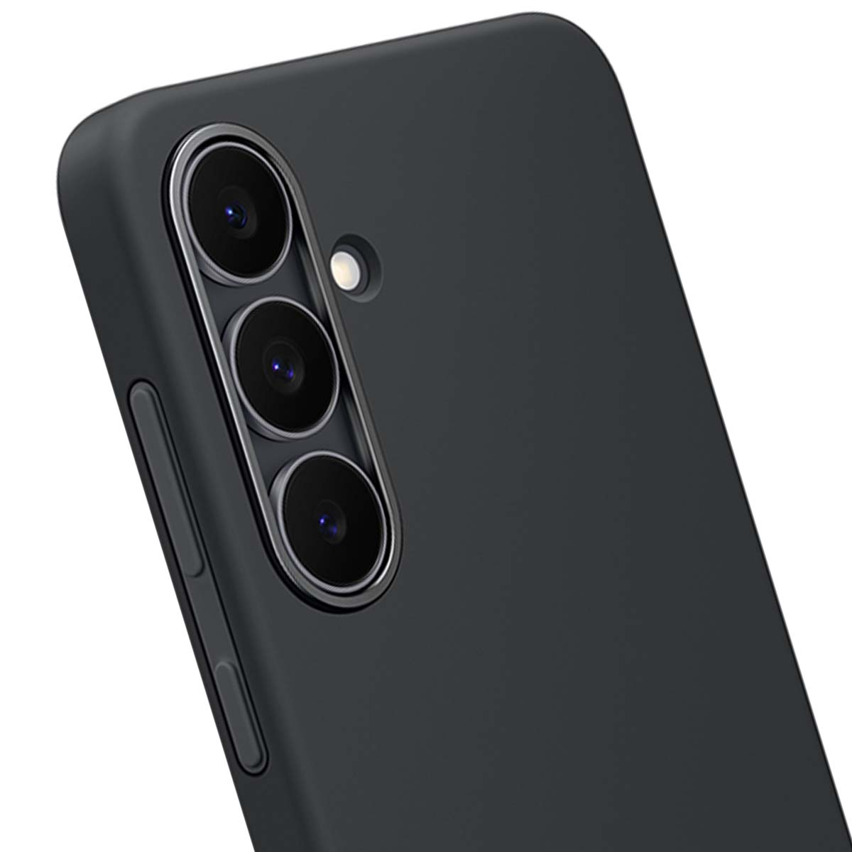 Primo piano di una custodia nera per telefono. Sono visibili tre lenti della fotocamera. La custodia ha una trama liscia.