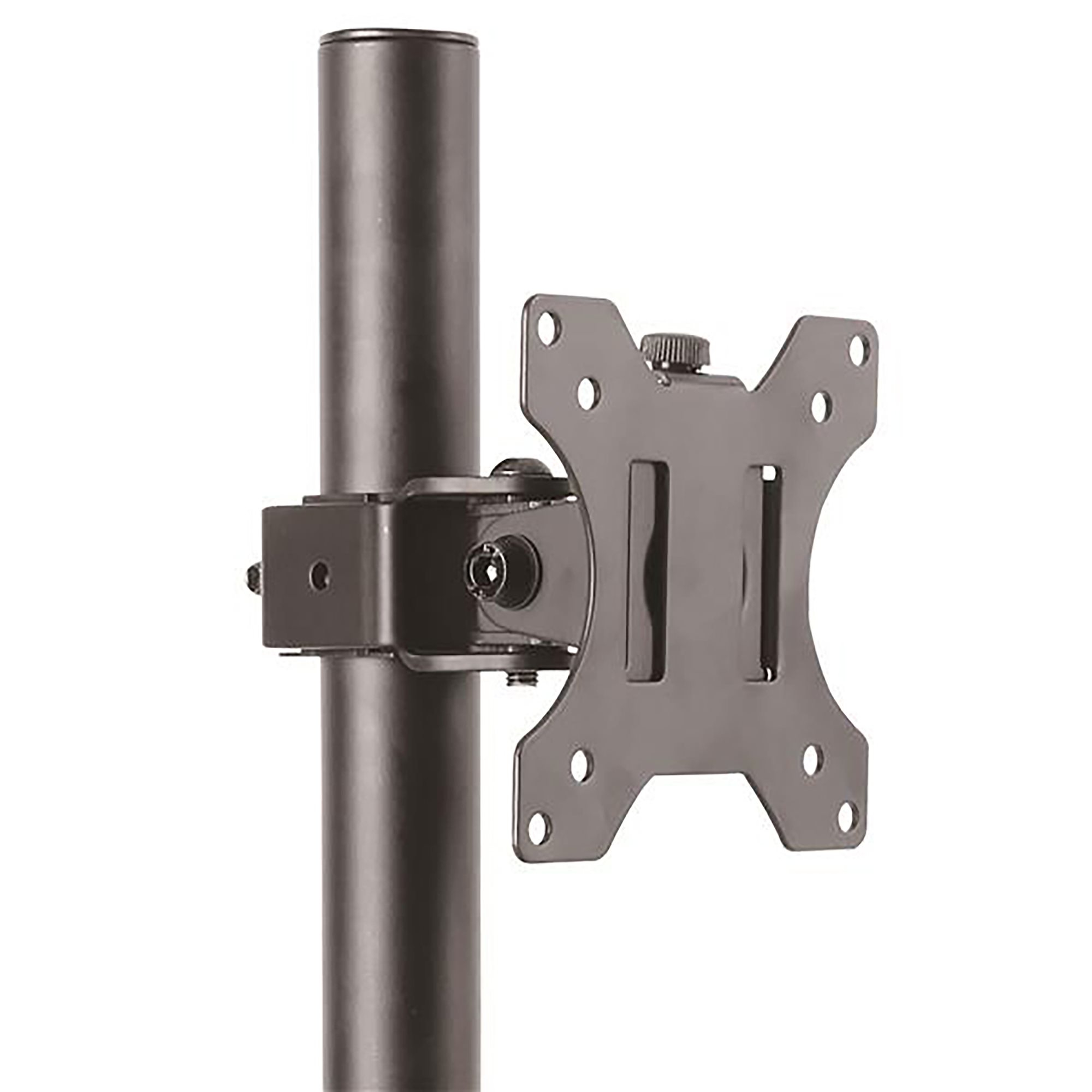 Un support de moniteur sombre. Il a un poteau vertical avec un support et une plaque pour fixer un moniteur.