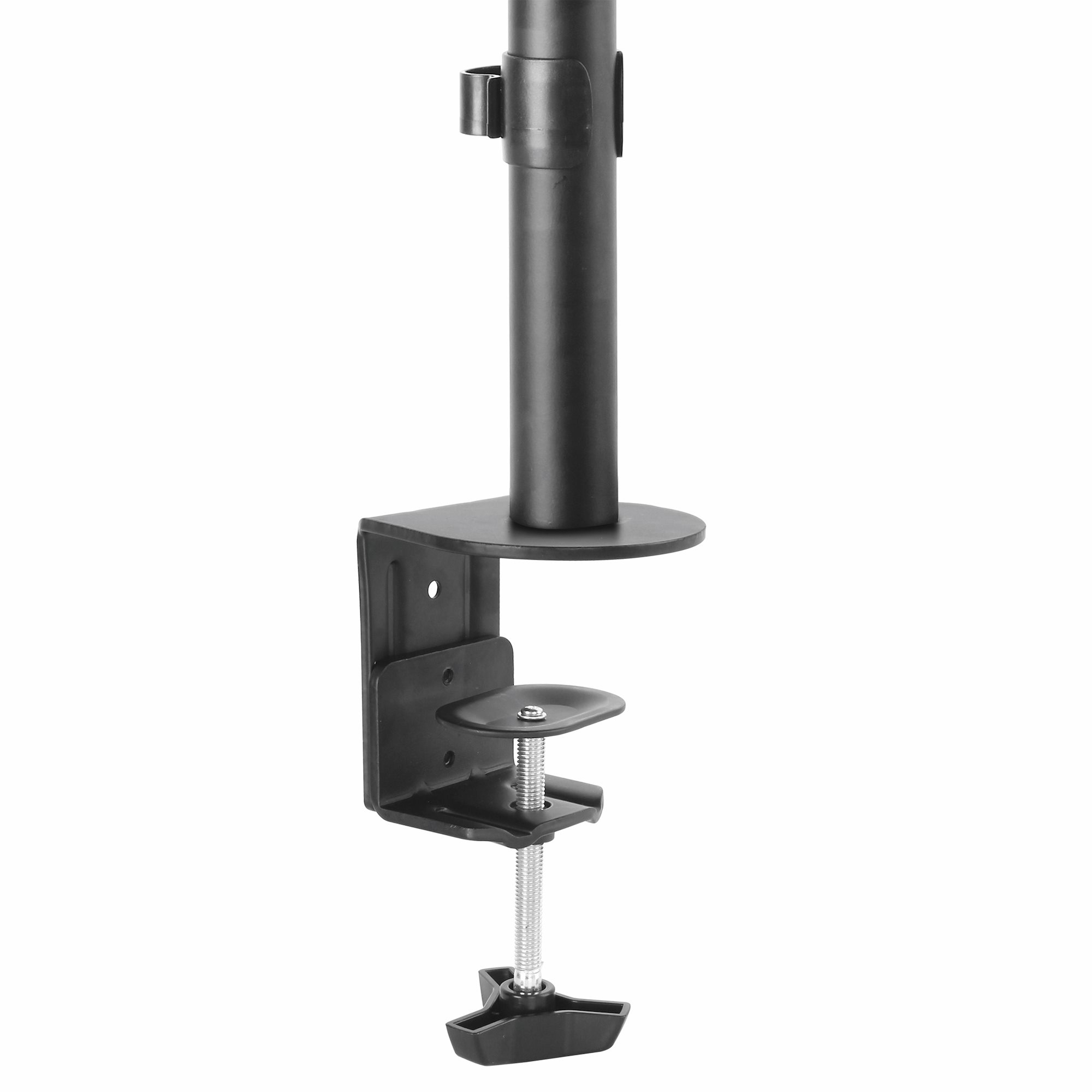 Pince de fixation de moniteur noire, comprend une tige verticale, une plaque horizontale, une pince et une vis.