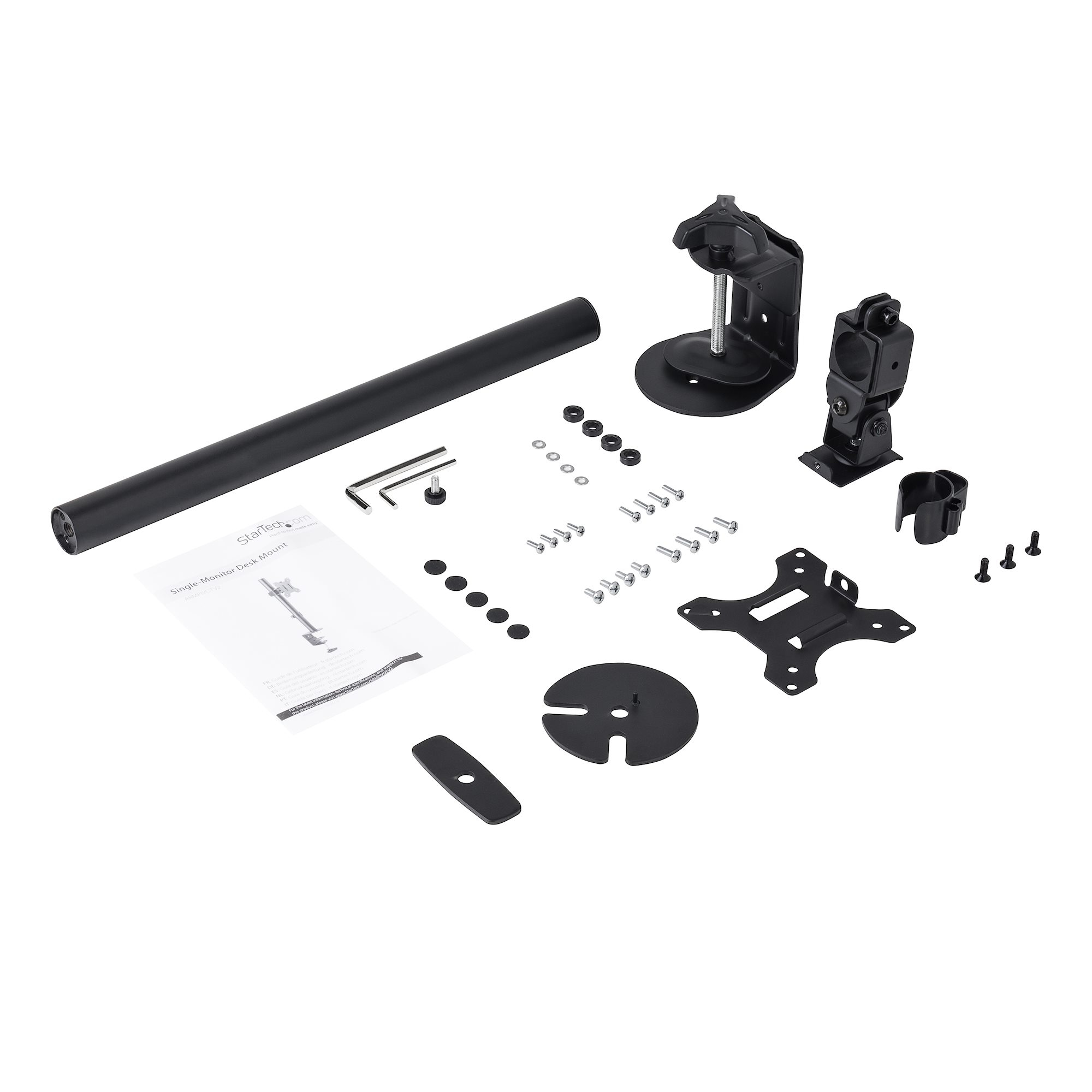 Kit de montage de bureau pour moniteur unique démonté. Comprend un poteau, des supports, des vis et un manuel, le tout sur une surface blanche.
