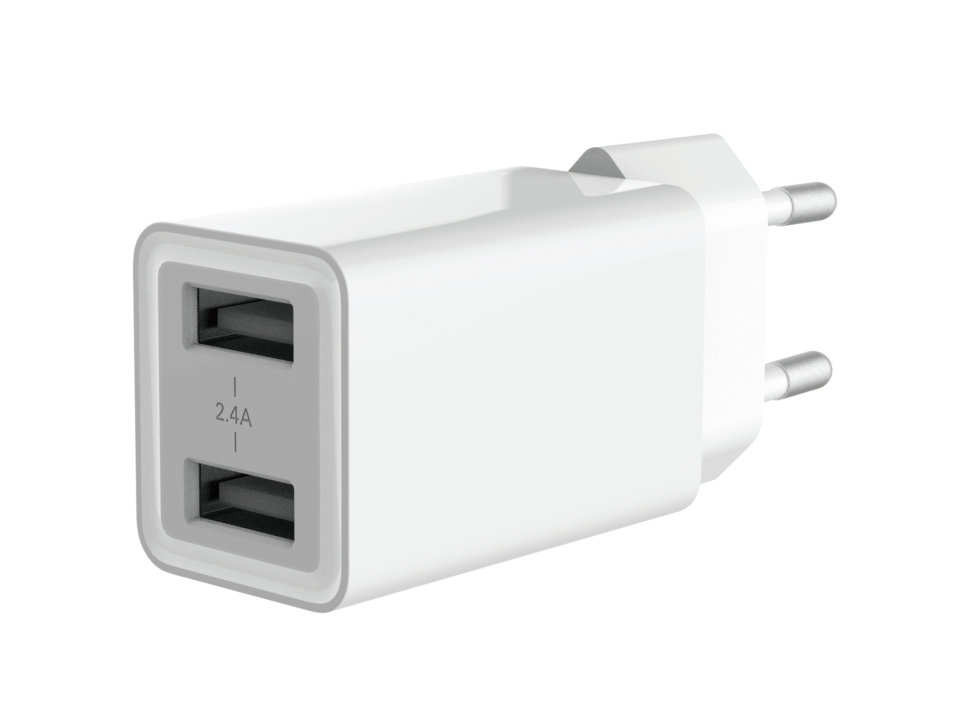 Cargador USB blanco con dos puertos. Tiene un enchufe y está aislado sobre un fondo blanco.