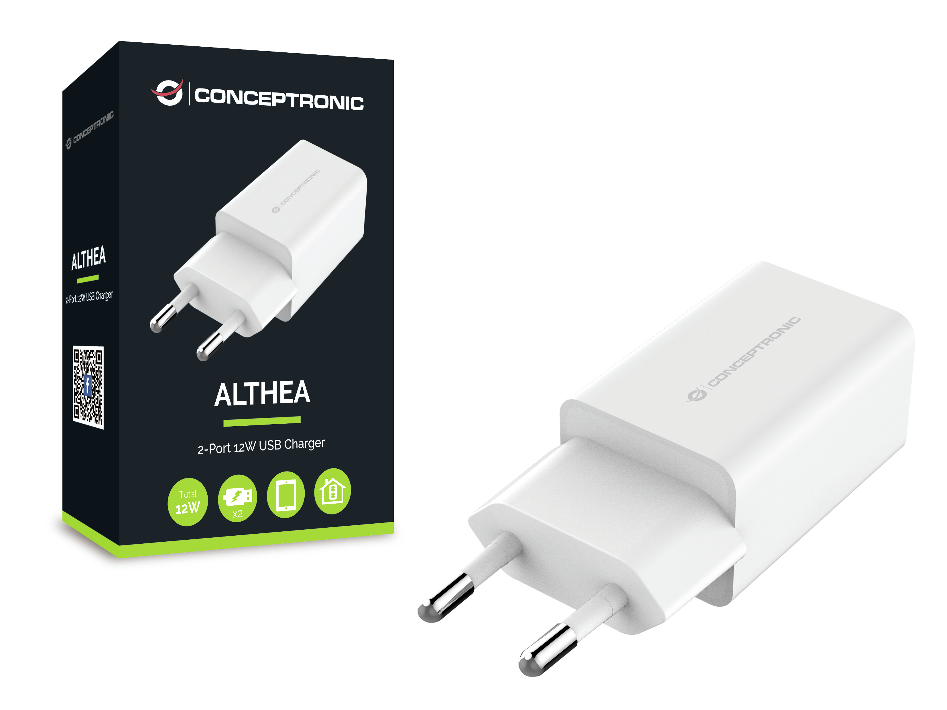 Un cargador USB Althea Conceptronic blanco con dos clavijas está a la derecha. Una caja con el cargador está a la izquierda.