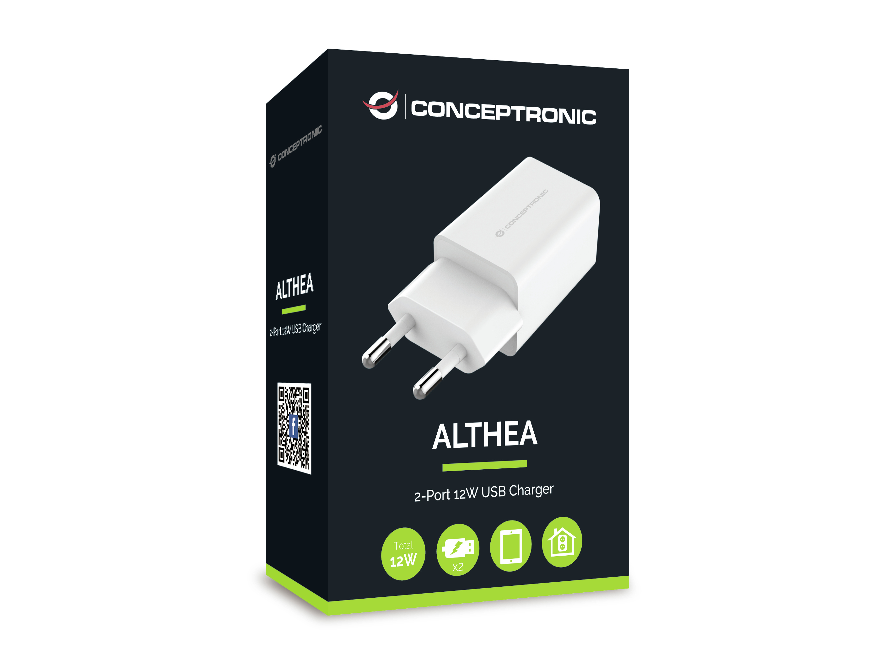 Un cargador USB Althea de 2 puertos Conceptronic blanco sobre una caja negra, con marca y detalles.