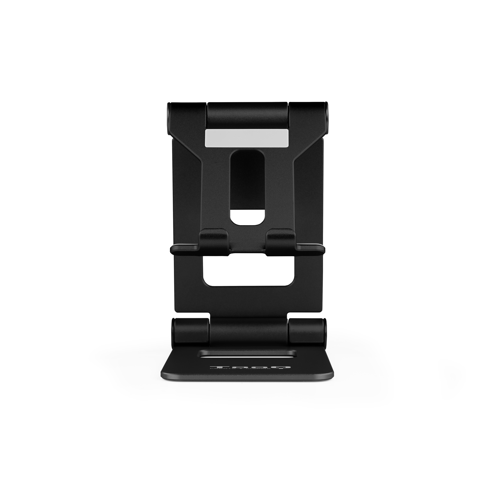 Un soporte plegable negro para teléfono. Tiene una base rectangular y un soporte vertical con una ranura para el teléfono.