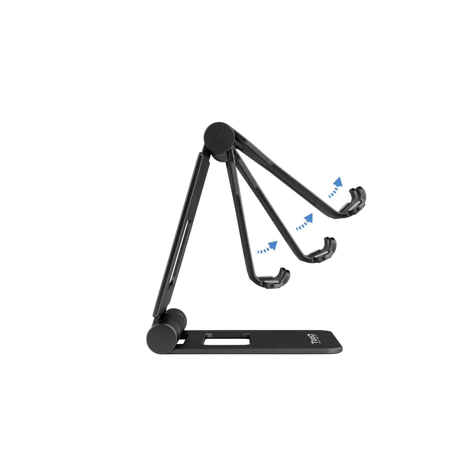 Un soporte de teléfono plegable negro se muestra sobre un fondo blanco. Las flechas indican las posiciones de ajuste.
