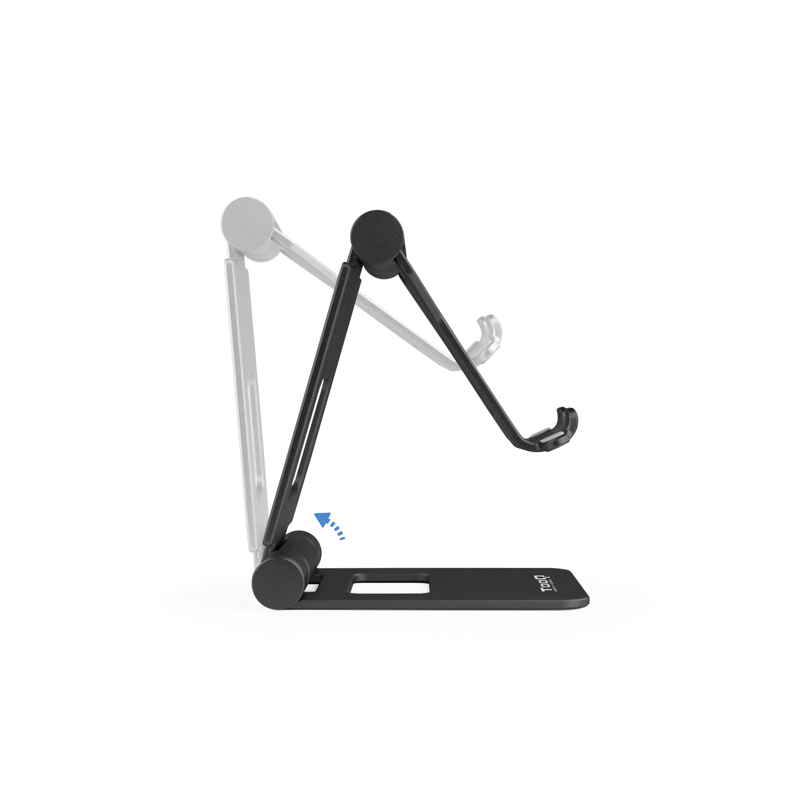 Soporte para teléfono negro con brazo y base ajustables, fondo blanco. Muestra la dirección de ajuste.