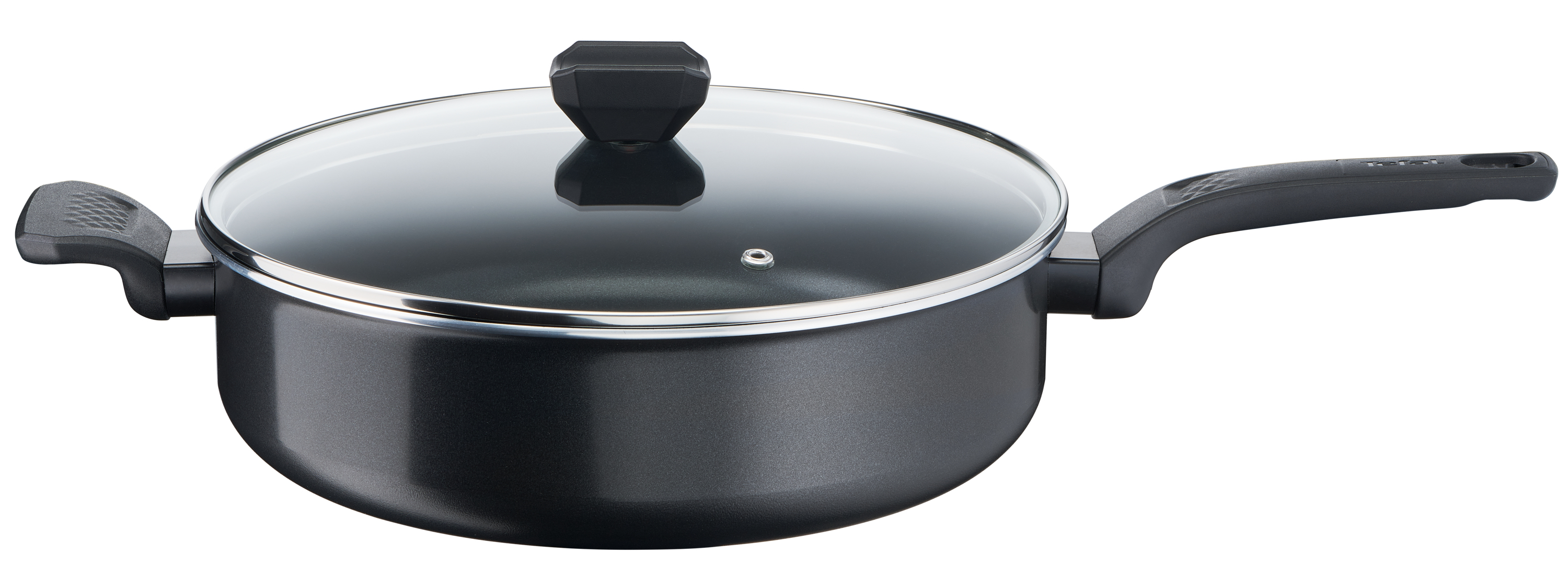 Ciemnoszary garnek z szklaną pokrywką i dwoma uchwytami, wyizolowany na białym tle.