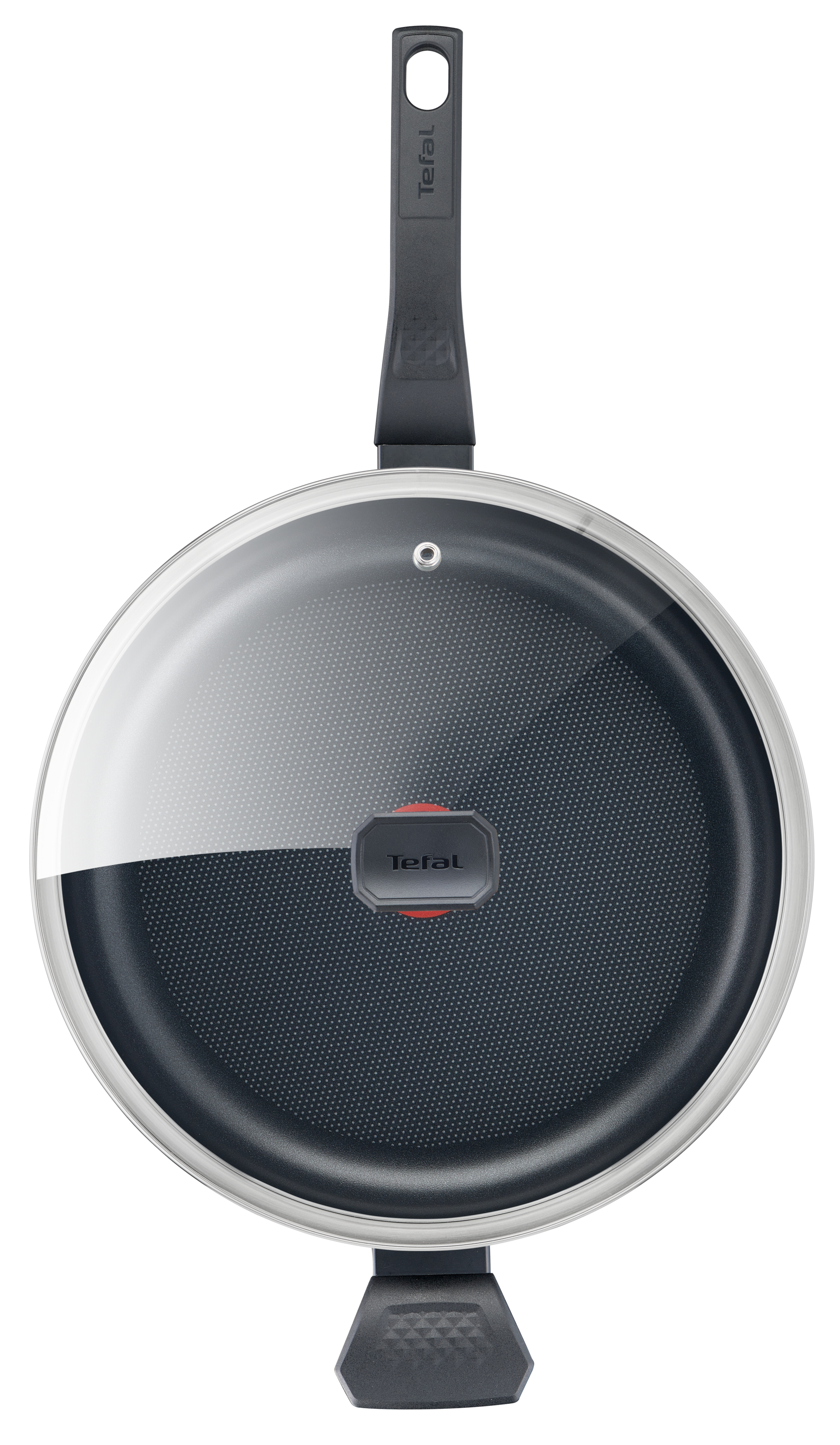 Widok z góry na patelnię Tefal ze szklaną pokrywką. Czarny uchwyt i obręcz, ciemne wnętrze. Uchwyt ma otwór.