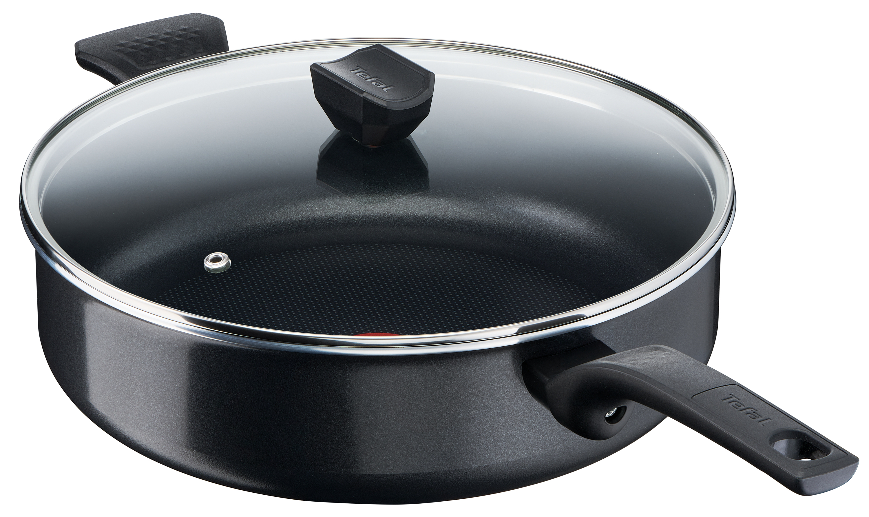 Czarny garnek Tefal ze szklaną pokrywką. Pokrywka ma czarny uchwyt. Garnek ma długi, czarny uchwyt.