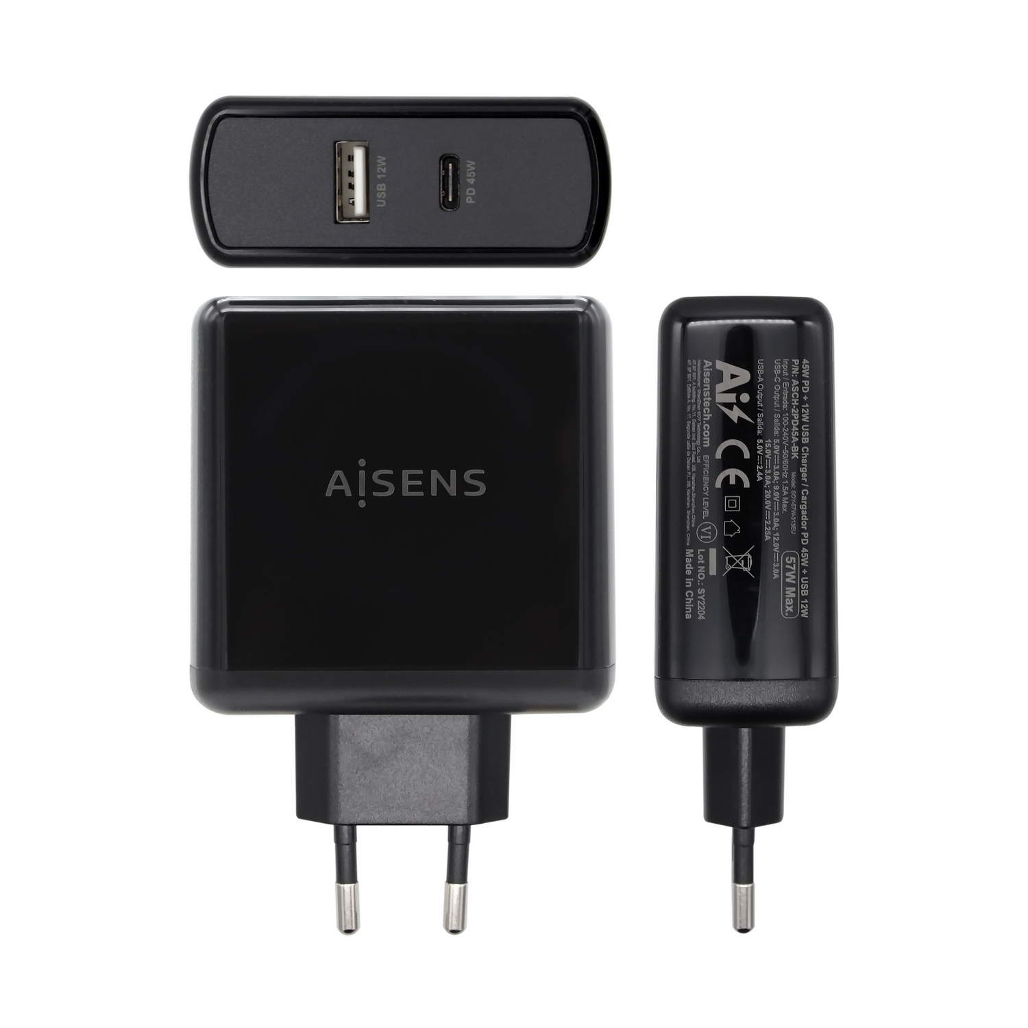 Tres cargadores negros con enchufes. Uno tiene puertos USB y PD. El central tiene la marca. El de la derecha es más pequeño.