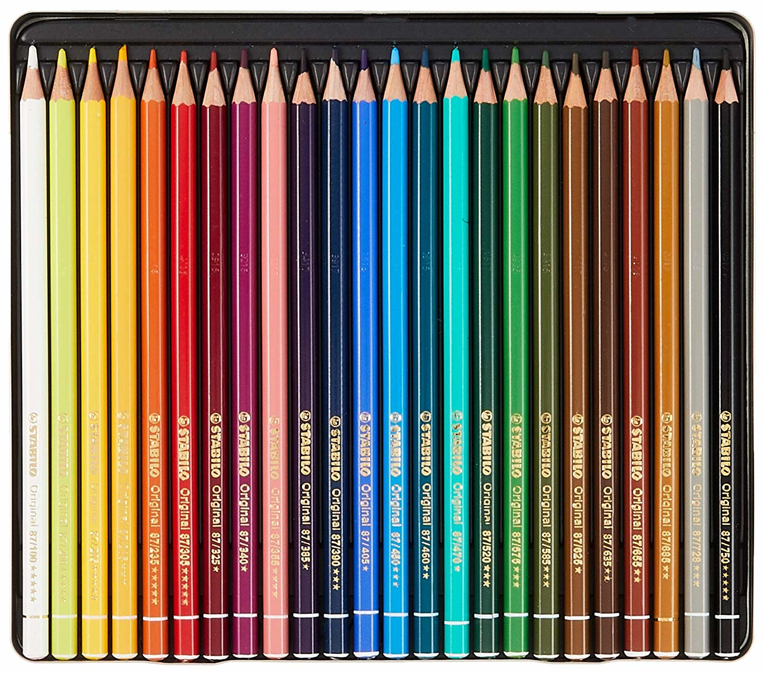 Ein Satz Buntstifte in einem schwarzen Etui. Die Stifte sind farblich sortiert. Der Markenname ist auf jedem Stift sichtbar.