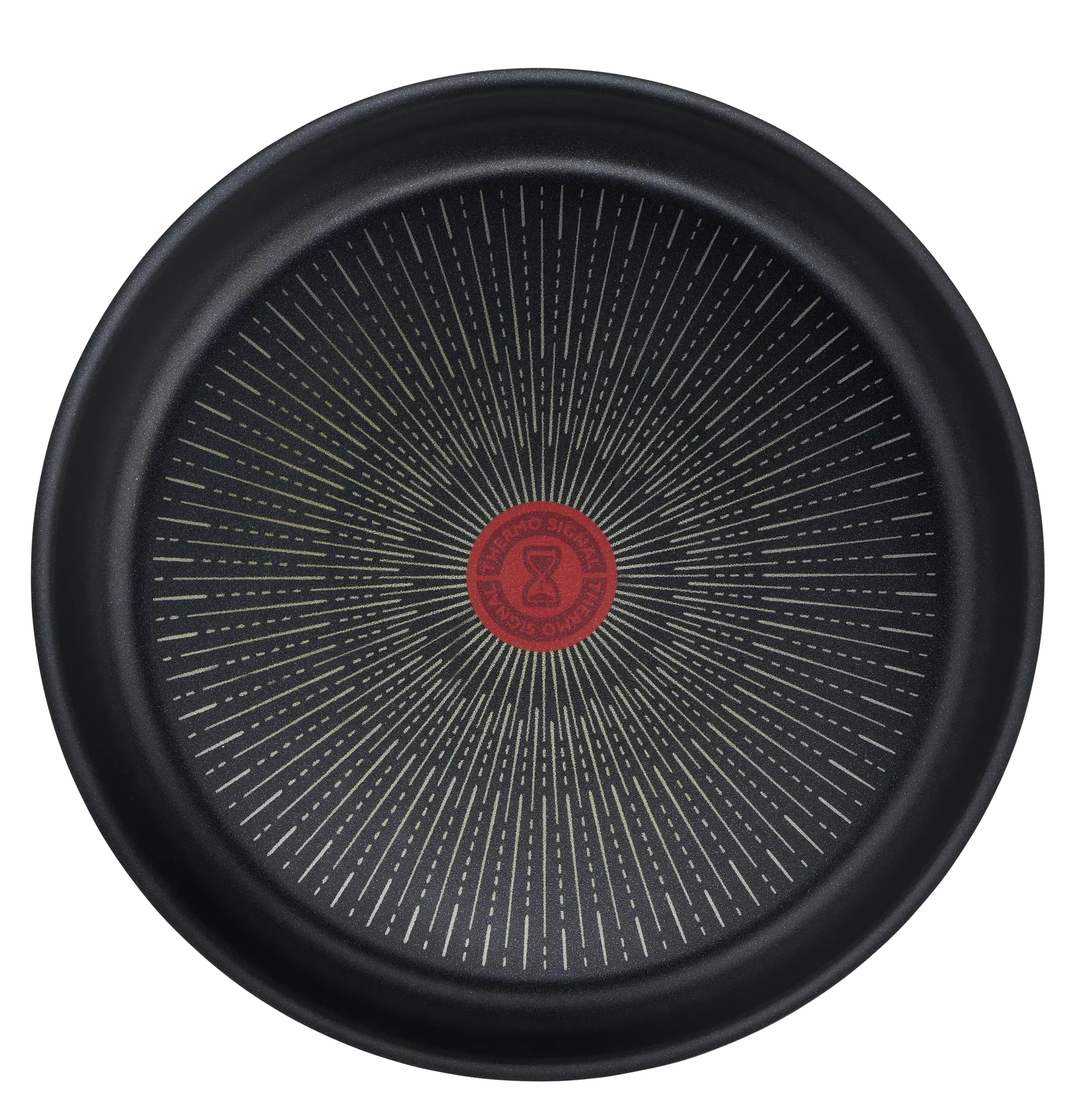 Czarna patelnia z białymi kropkowanymi liniami, czerwone logo pośrodku, białe tło.