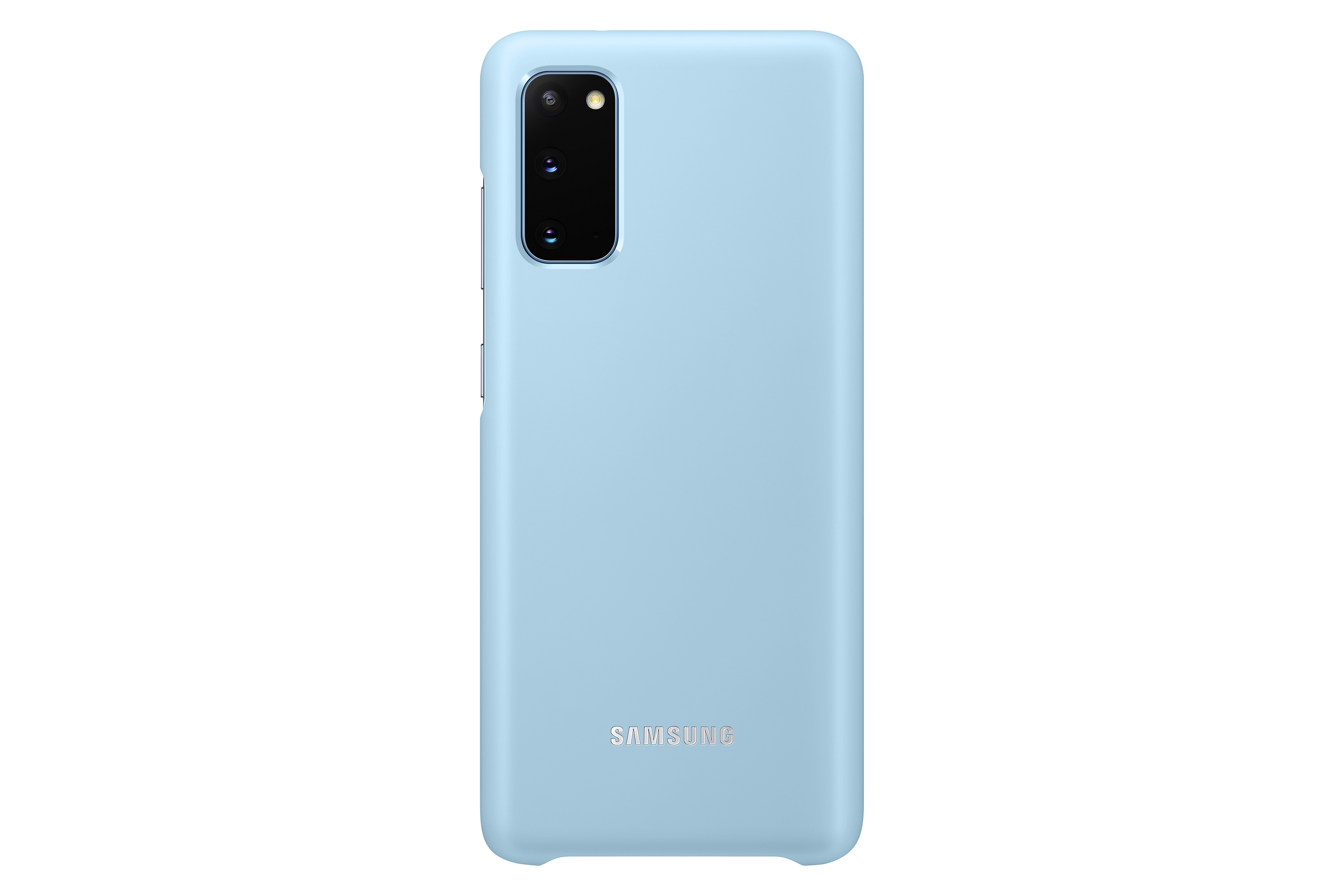 Eine hellblaue Handyhülle mit Kameramodul oben links und Samsung-Logo unten.