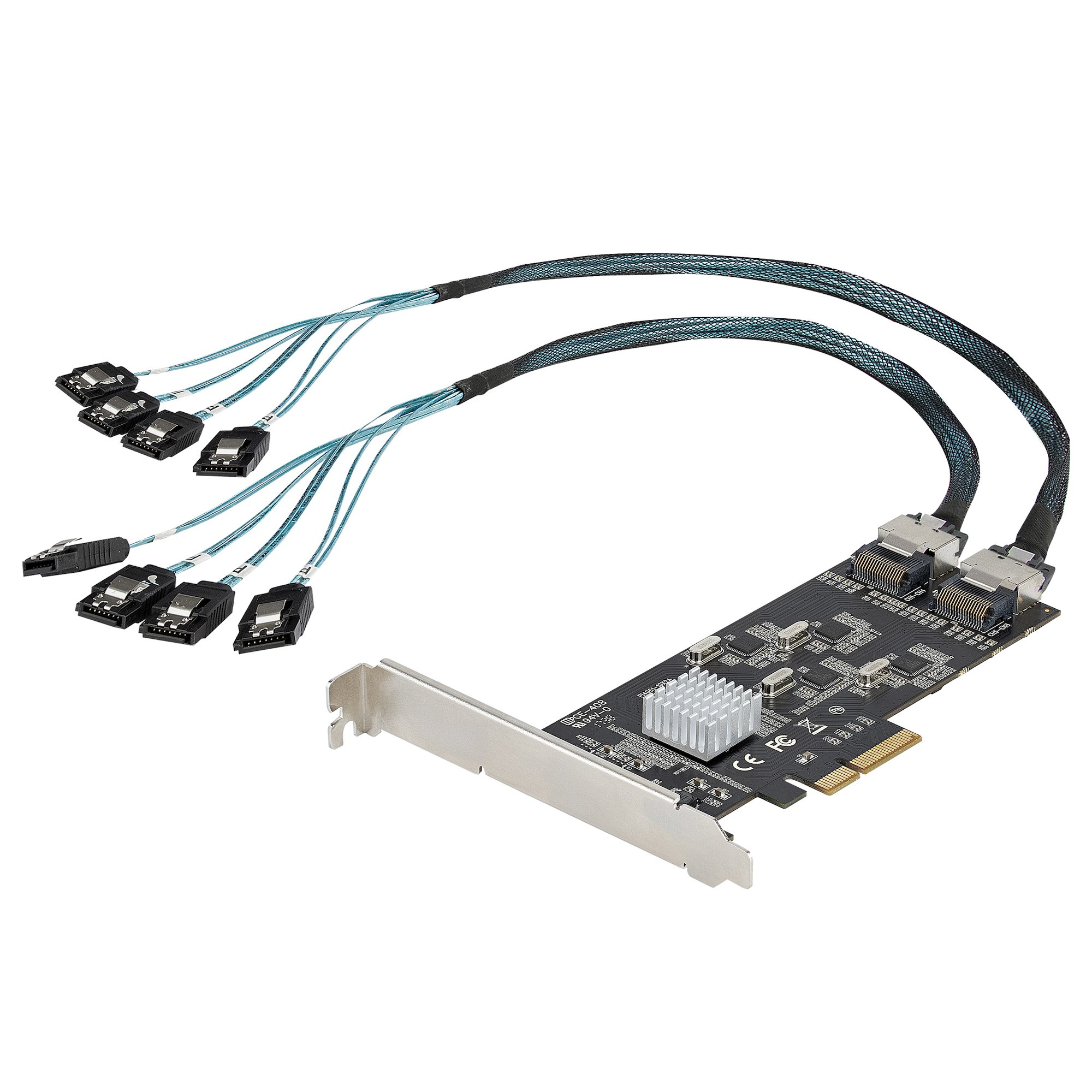 Eine Computerkomponente mit mehreren SATA-Anschlüssen, schwarzen und blauen Kabeln und einer Metallhalterung.