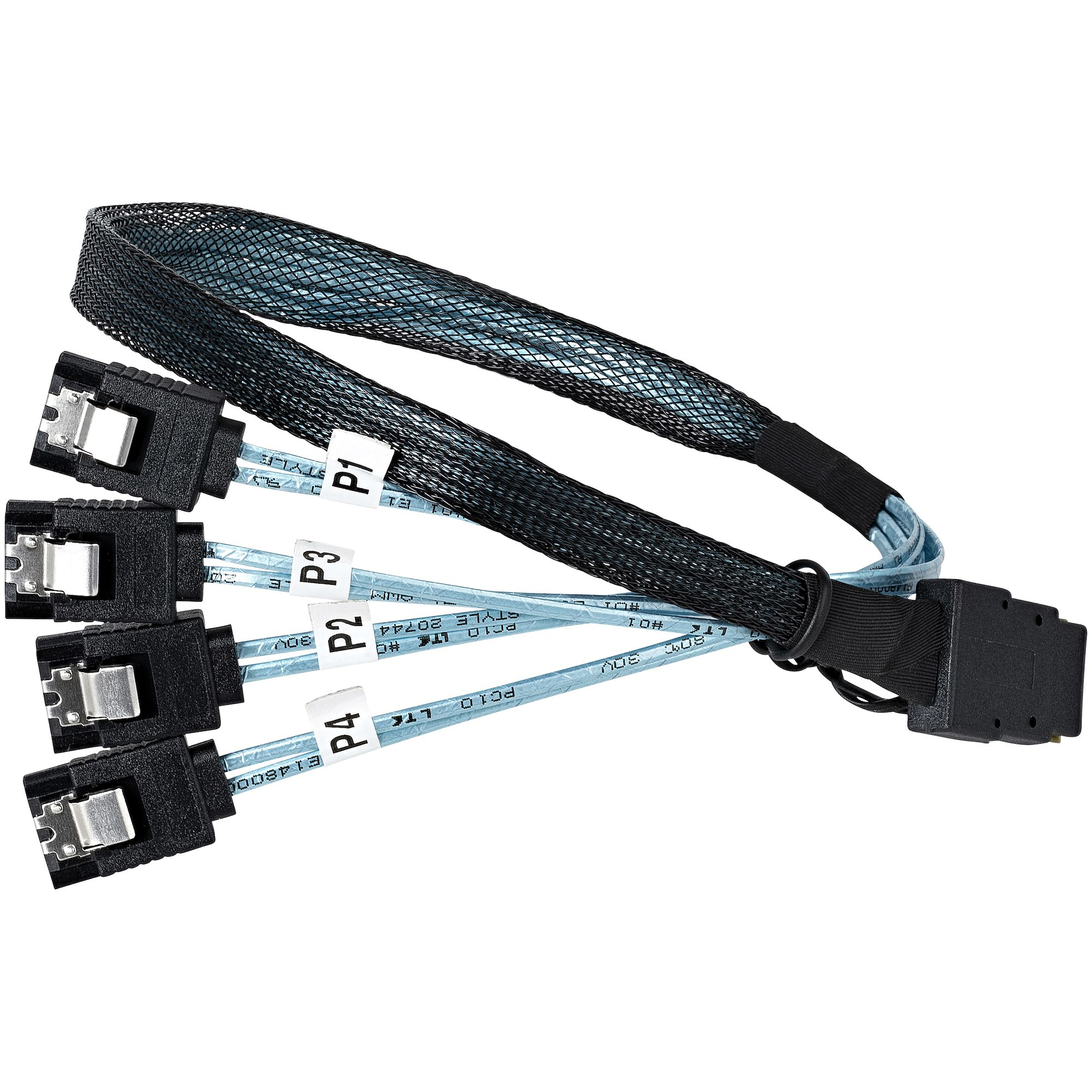 Vier schwarze SATA-Kabel mit blauen Drähten und den Etiketten P1-P4, bedeckt von einem schwarzen Netz. Anschlüsse sichtbar.