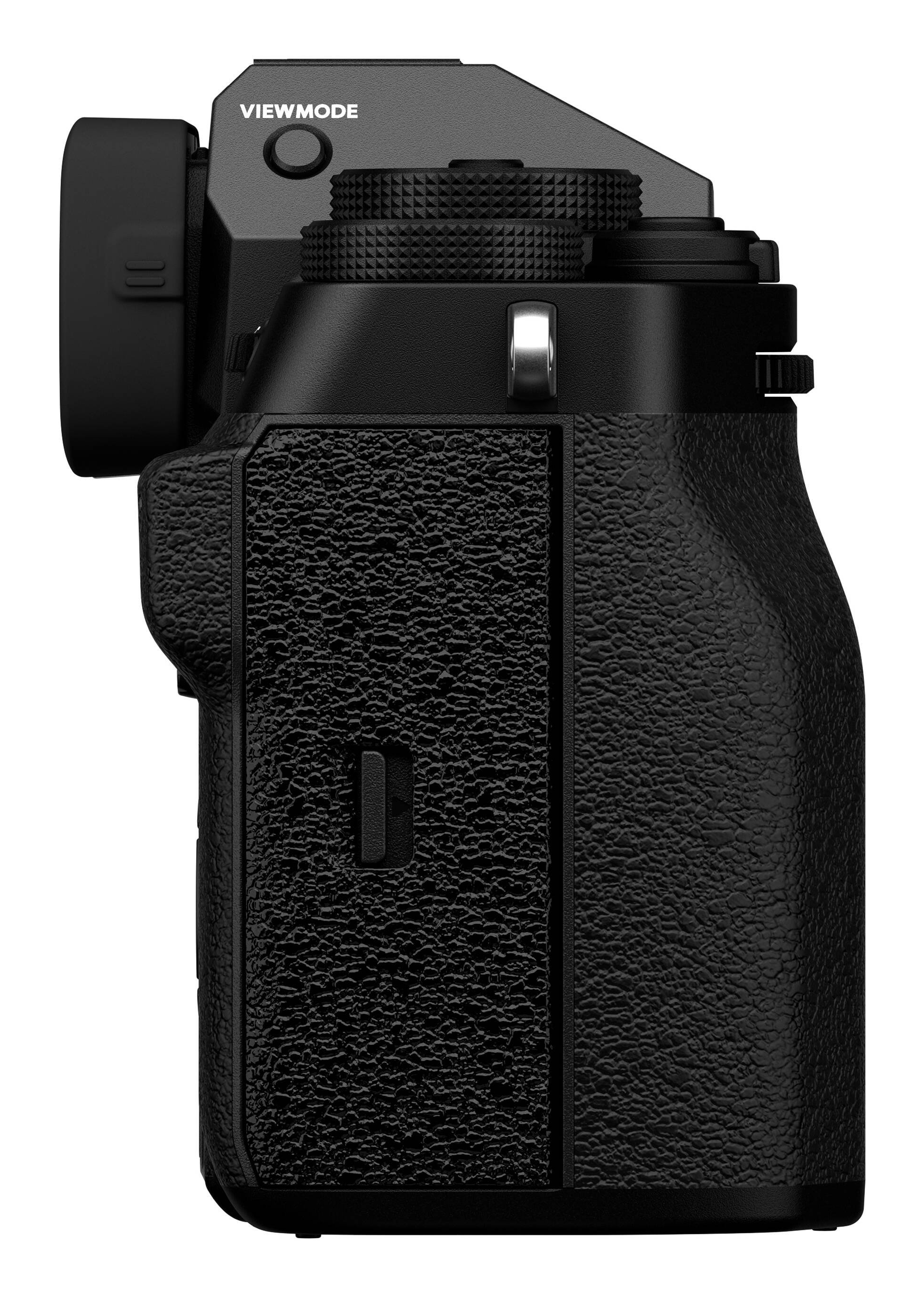 Een close-up van een zwarte camerabody met getextureerde grip en meerdere draaiknoppen en knoppen. De weergavemodus is zichtbaar.