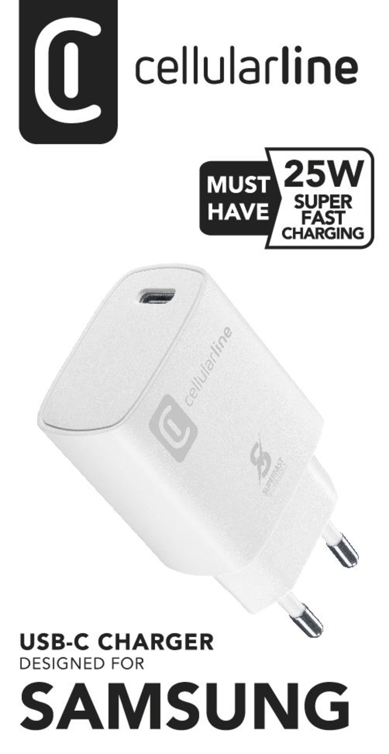 Cargador USB-C Cellularline blanco para Samsung, carga rápida de 25W. Incluye logotipo y texto.